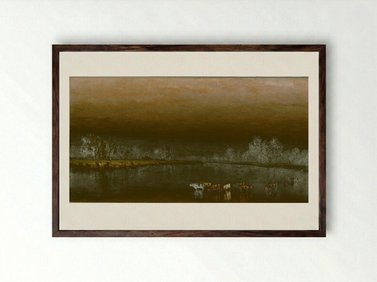 Cows in a Pond at Sunset - Sanford Robinson Gifford - Framed Print Dark Wood