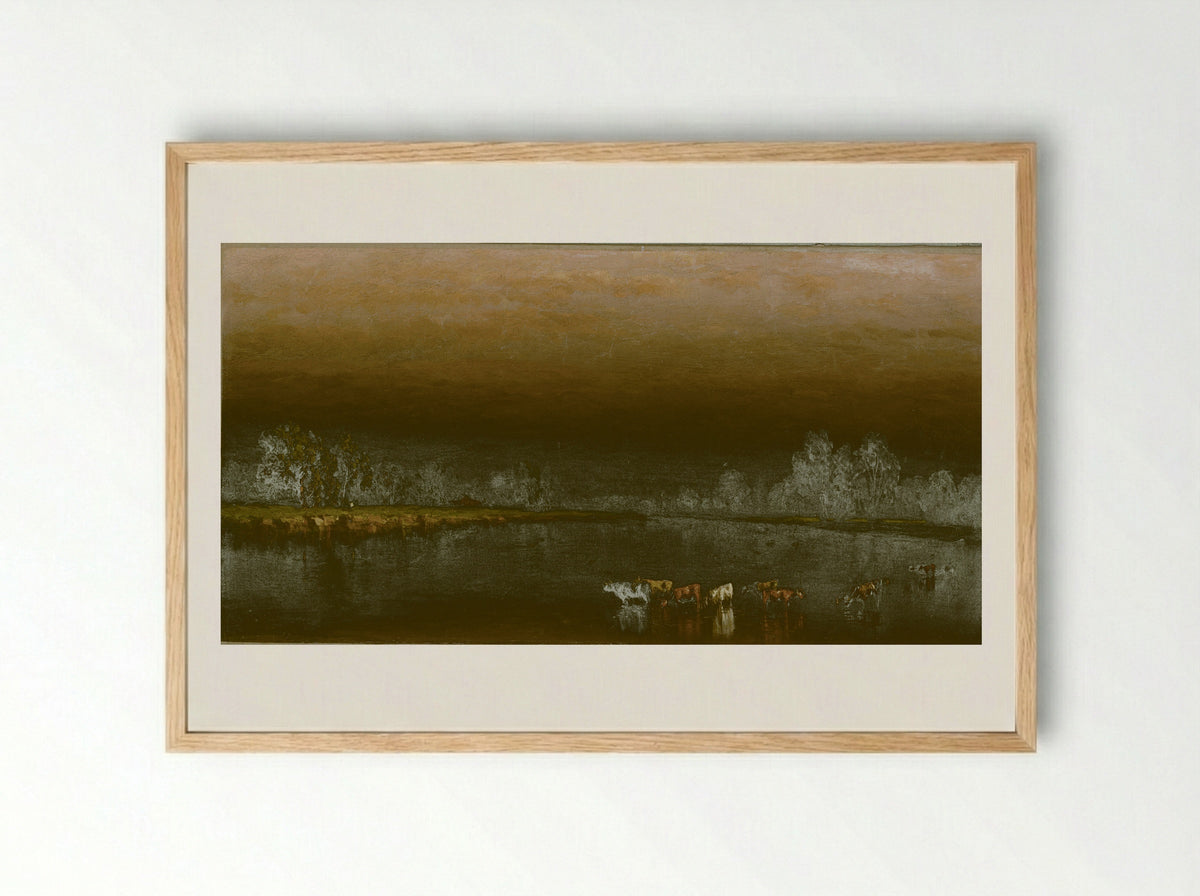 Cows in a Pond at Sunset - Sanford Robinson Gifford - Framed Print Wood