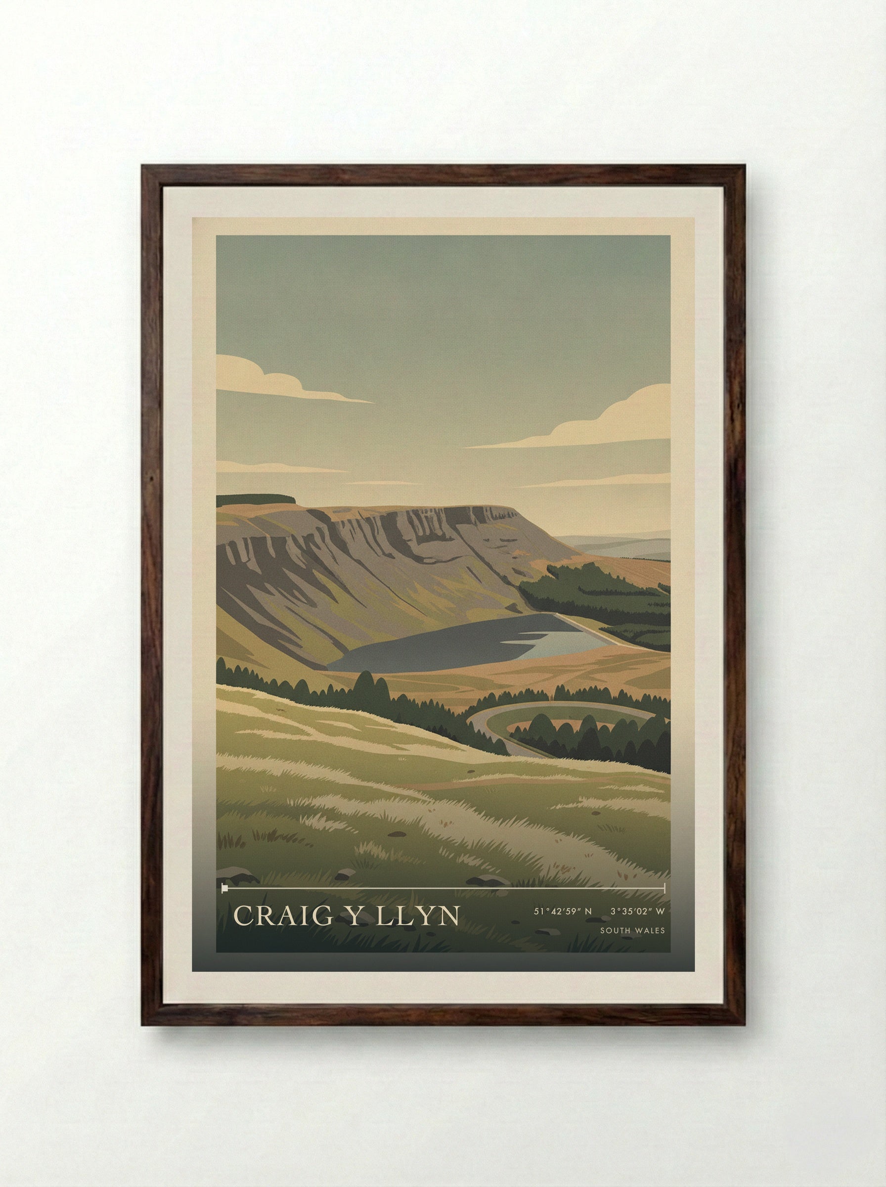Craig y Llyn South Wales Wales Travel Poster - Framed Print Dark Wood