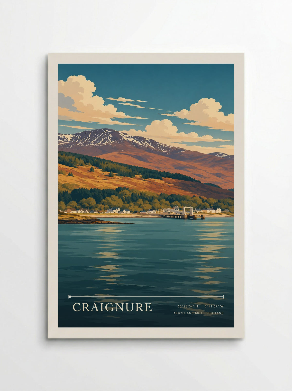 Craignure, Argyll and Bute travel poster: its ferry pier, white shoreline cottages and russet mountain slopes rising above teal water