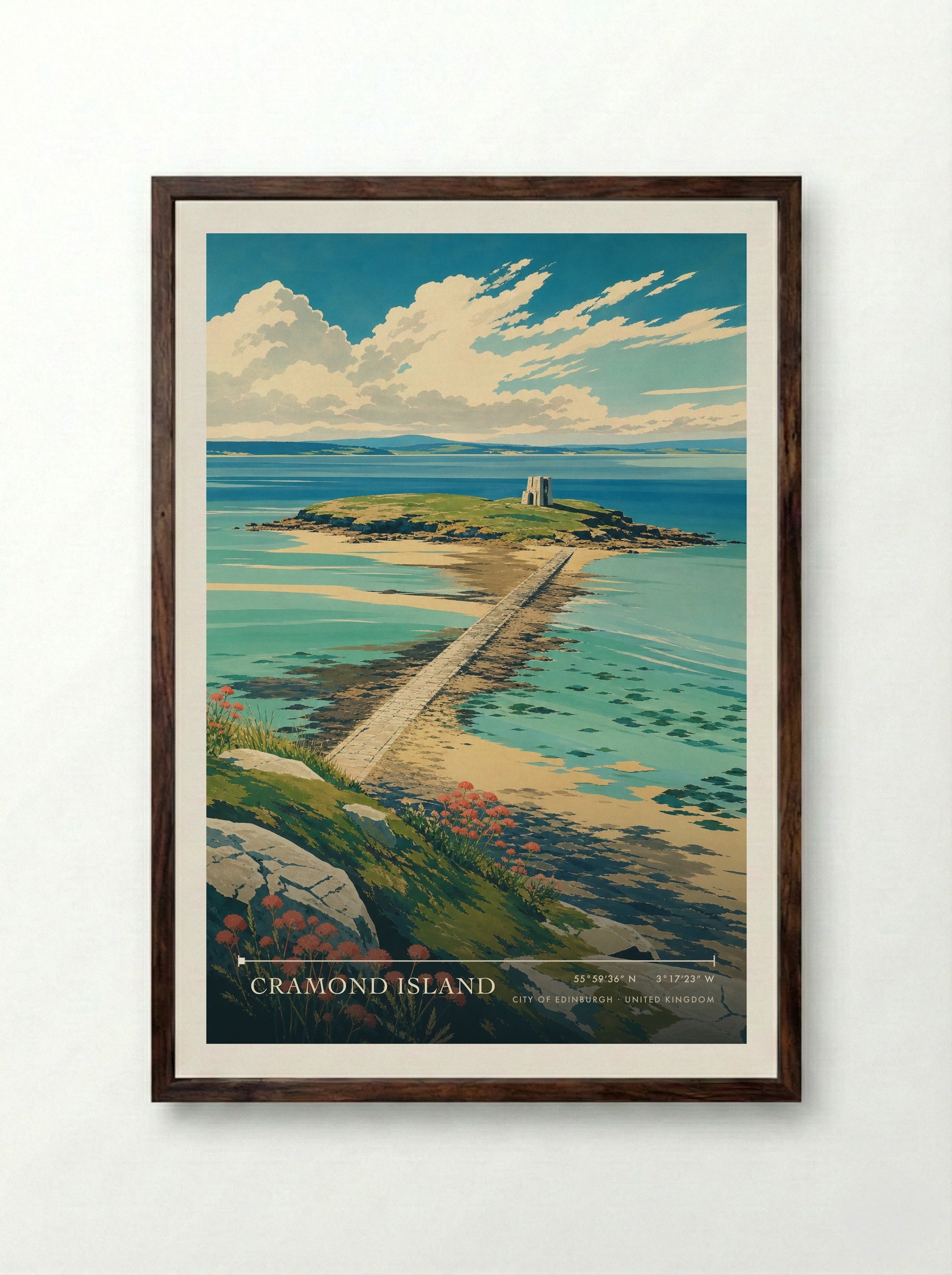Cramond Island City of Edinburgh United Kingdom Travel Poster - Framed Print Dark Wood