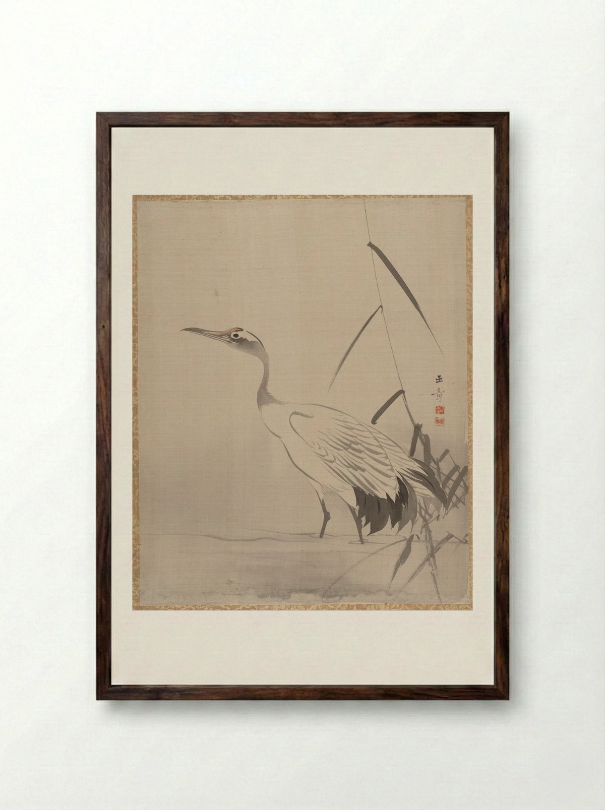 Crane Among Reeds - Kawabata Gyokushō - Framed Print Dark Wood
