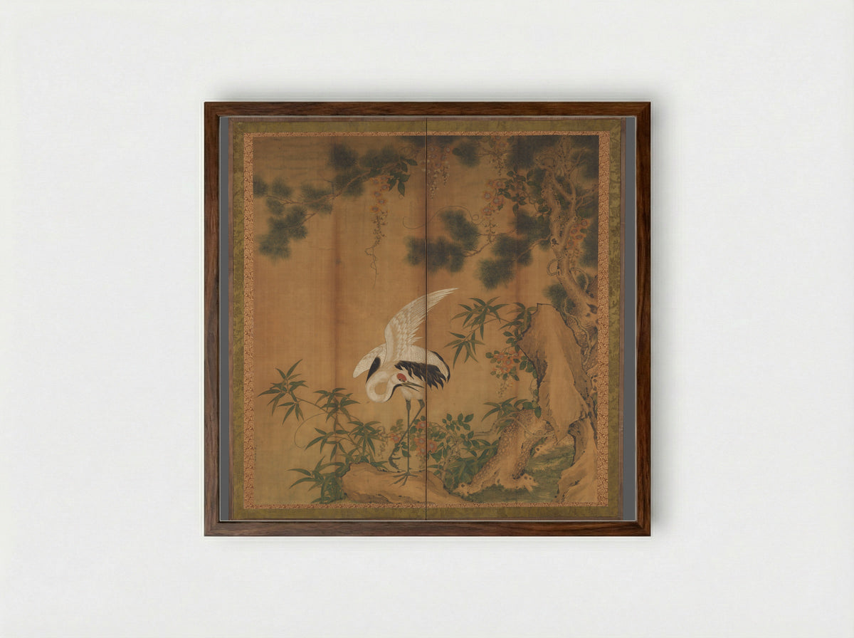 Crane, Pine, and Rock - Chen Zhaofeng - Framed Print Dark Wood
