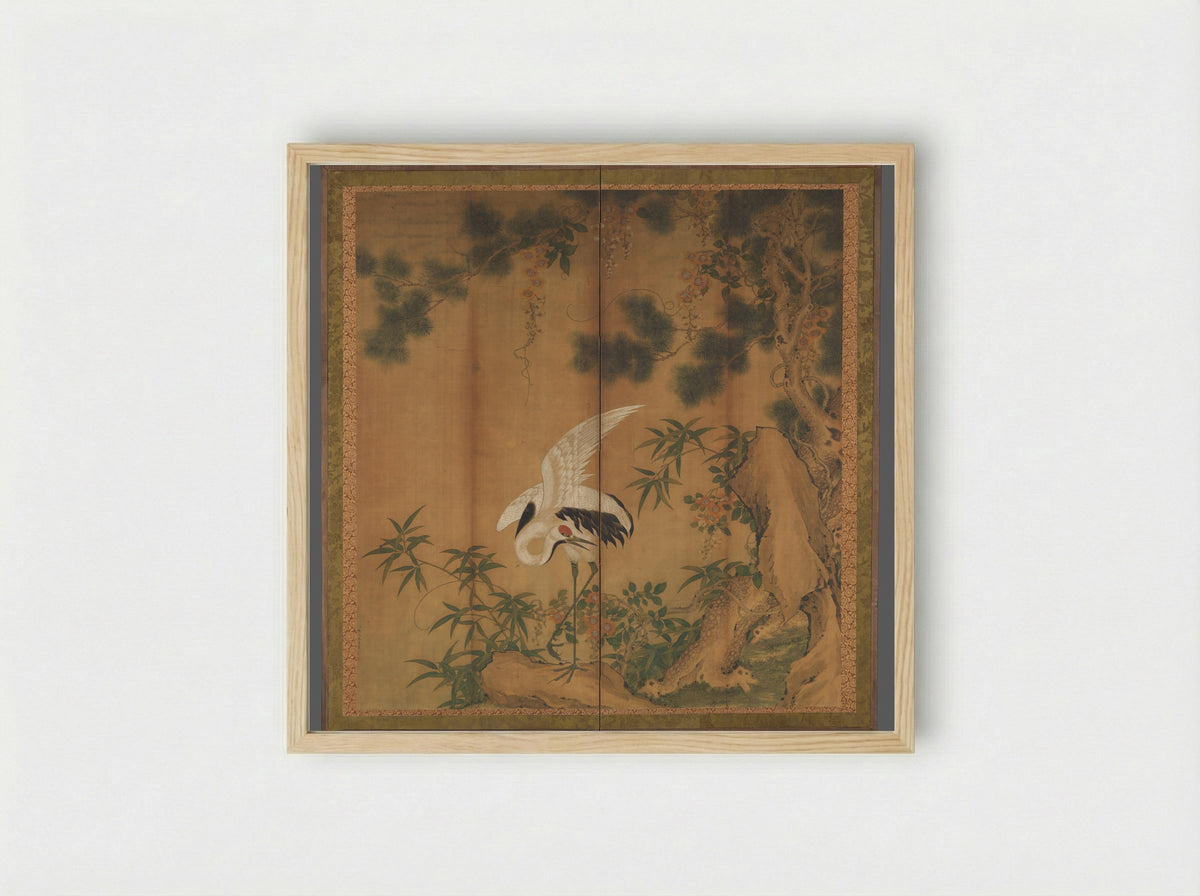 Crane, Pine, and Rock - Chen Zhaofeng - Framed Print Wood