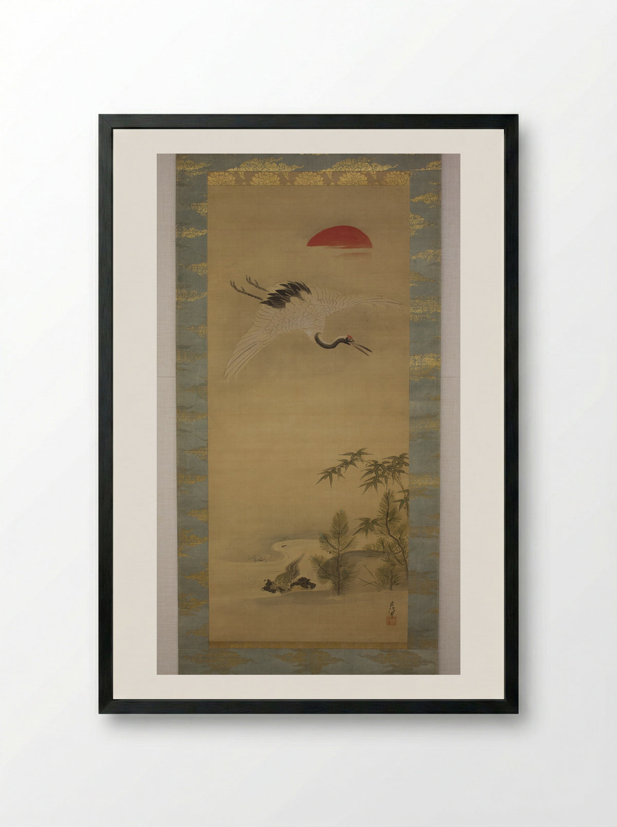 Crane, Tortoise, Pine, and Bamboo under a Rising Sun - Kano Chikanobu - Framed Print Black