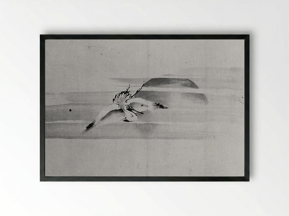 Crane and Sun - Hokusai School - Framed Print Black
