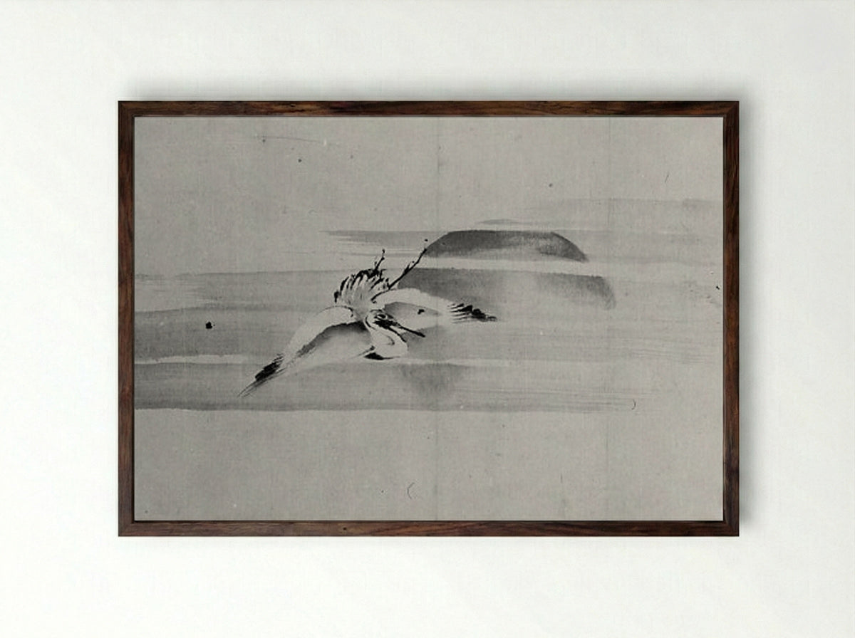 Crane and Sun - Hokusai School - Framed Print Dark Wood