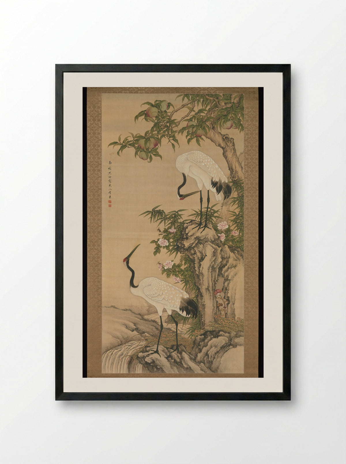 Cranes, Peach Tree, and China Rose - Shen Quan - Framed Print Black