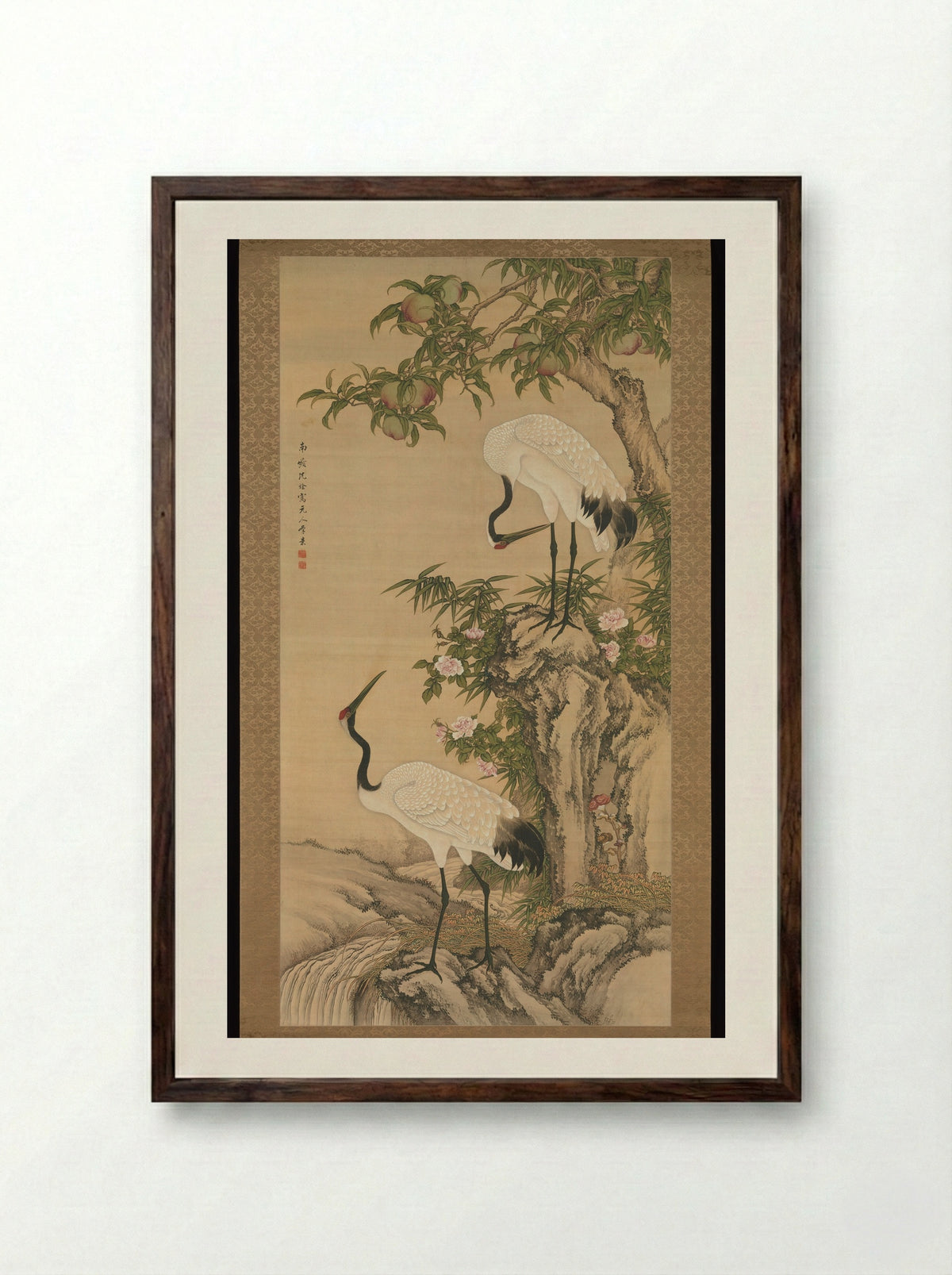 Cranes, Peach Tree, and China Rose - Shen Quan - Framed Print Dark Wood