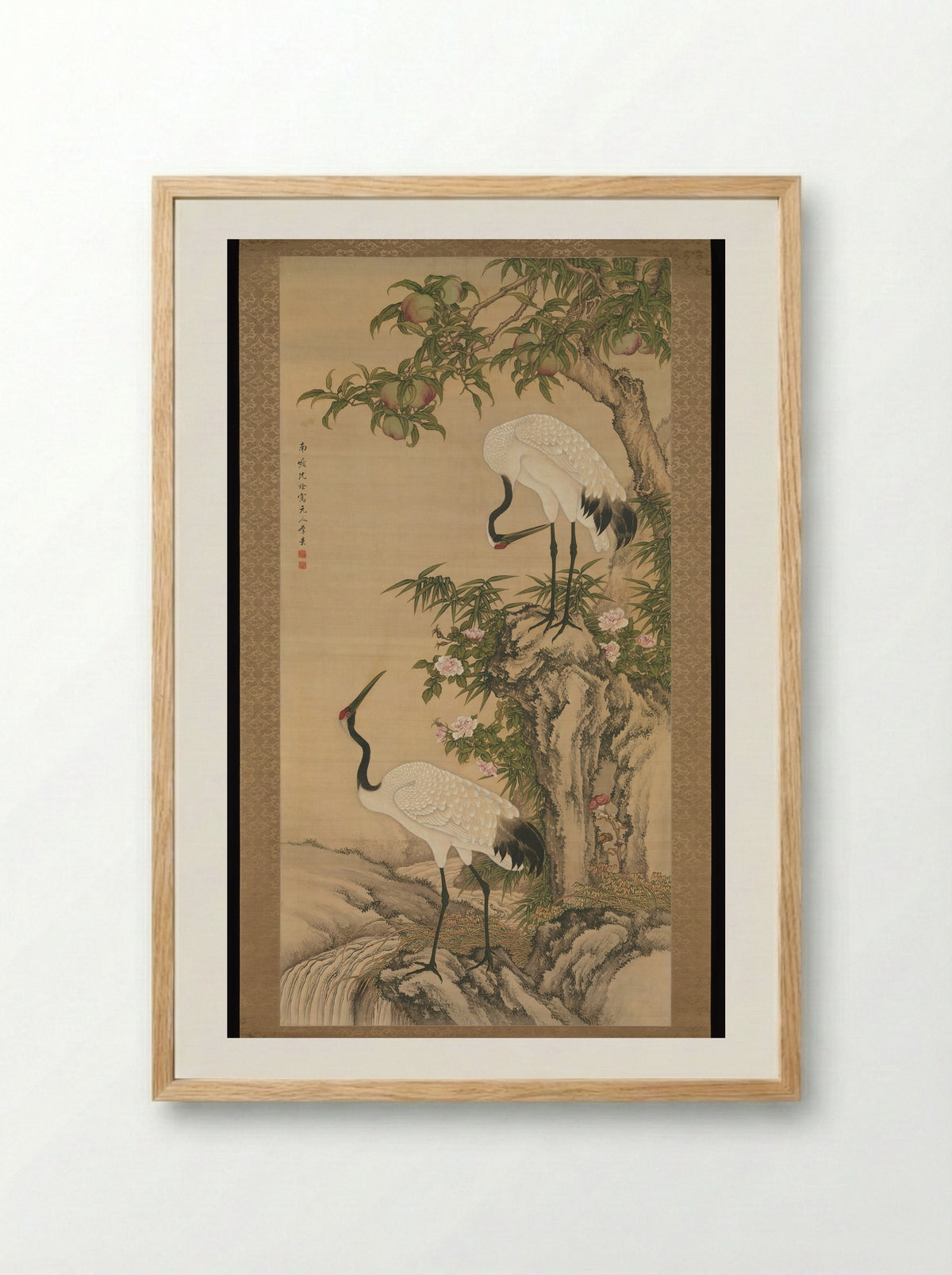 Cranes, Peach Tree, and China Rose - Shen Quan - Framed Print Wood