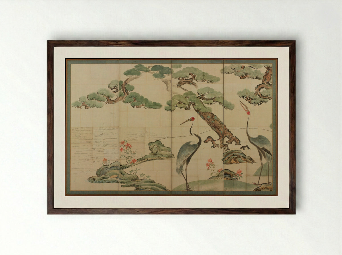 Cranes, Pines, and Bamboo - Ogata Kōrin - Framed Print Dark Wood
