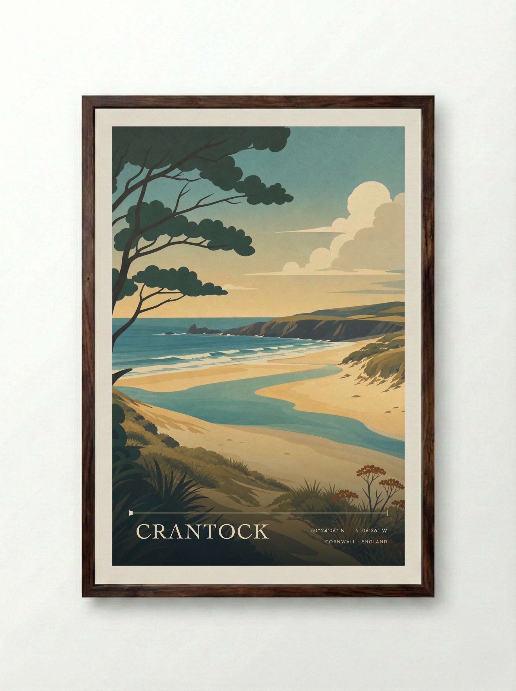 Crantock Cornwall England Travel Poster - Framed Print Dark Wood