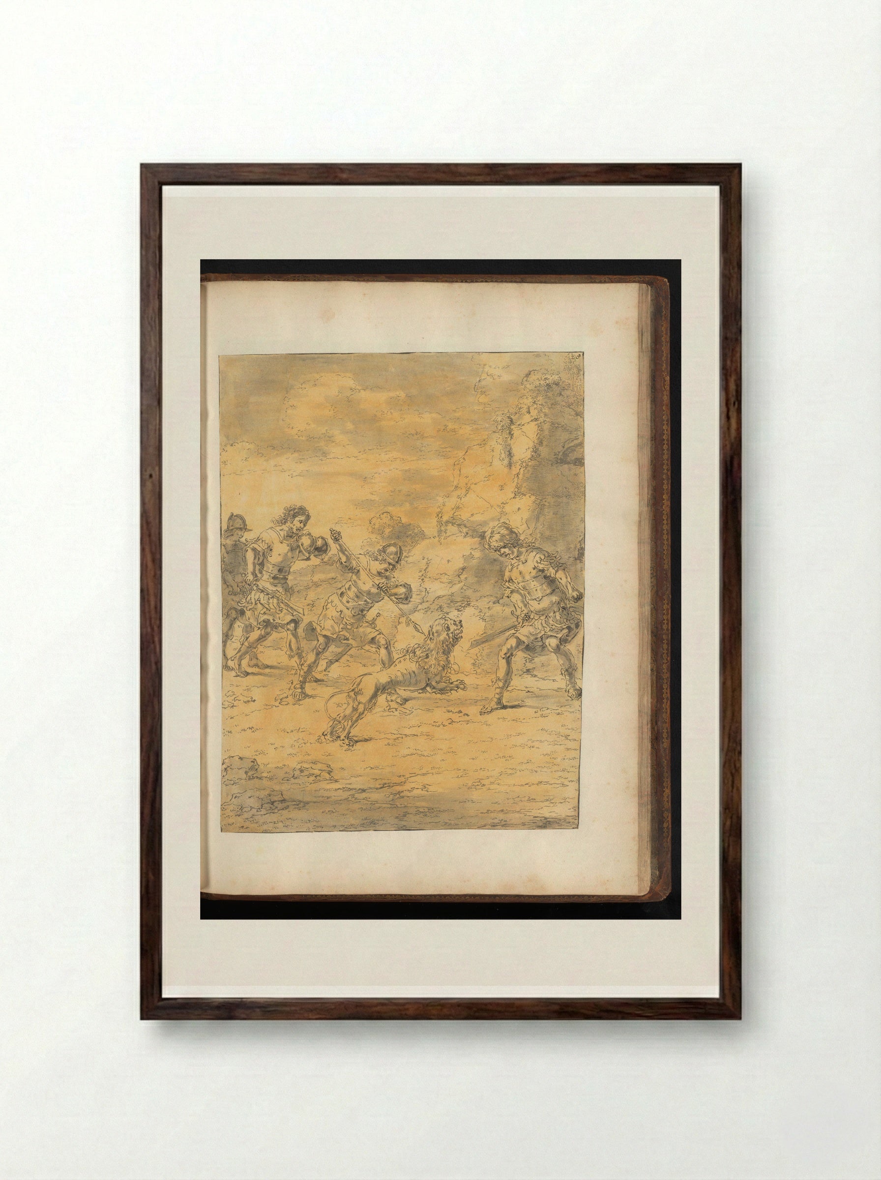 Craterus Kills the Lion Attacking Alexander the Great - Leonaert Bramer - Framed Print Dark Wood