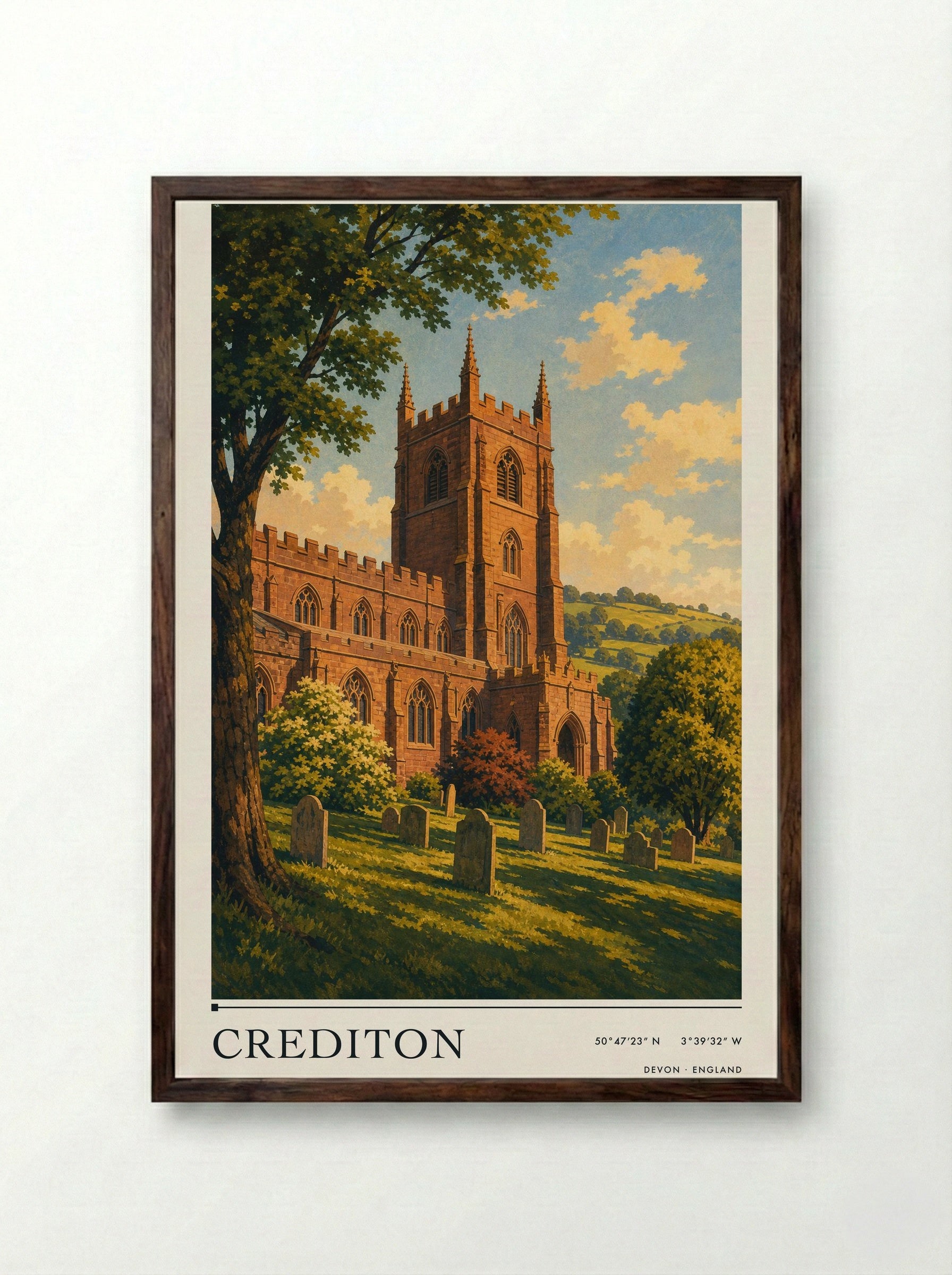 Crediton Devon England Travel Poster - Framed Print Dark Wood