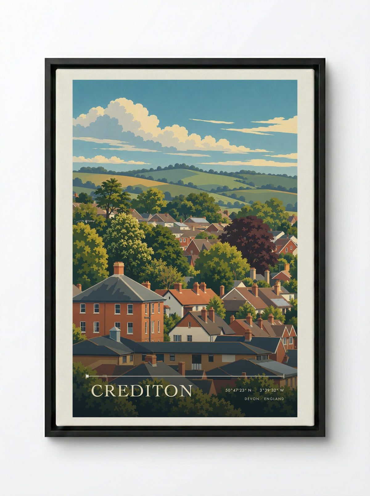 Crediton, Devon | Travel Poster - Framed Canvas Black