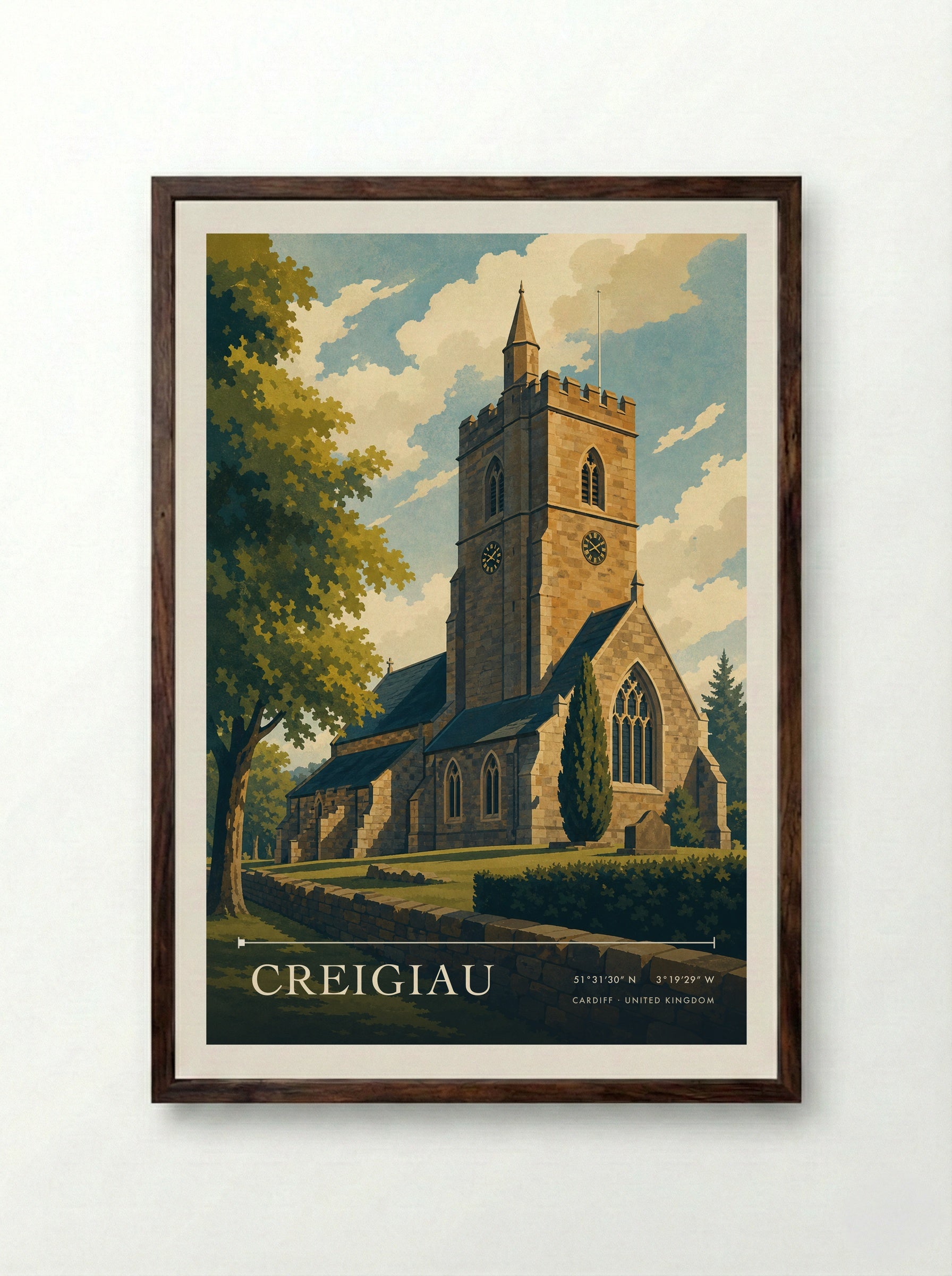 Creigiau Cardiff United Kingdom Travel Poster - Framed Print Dark Wood