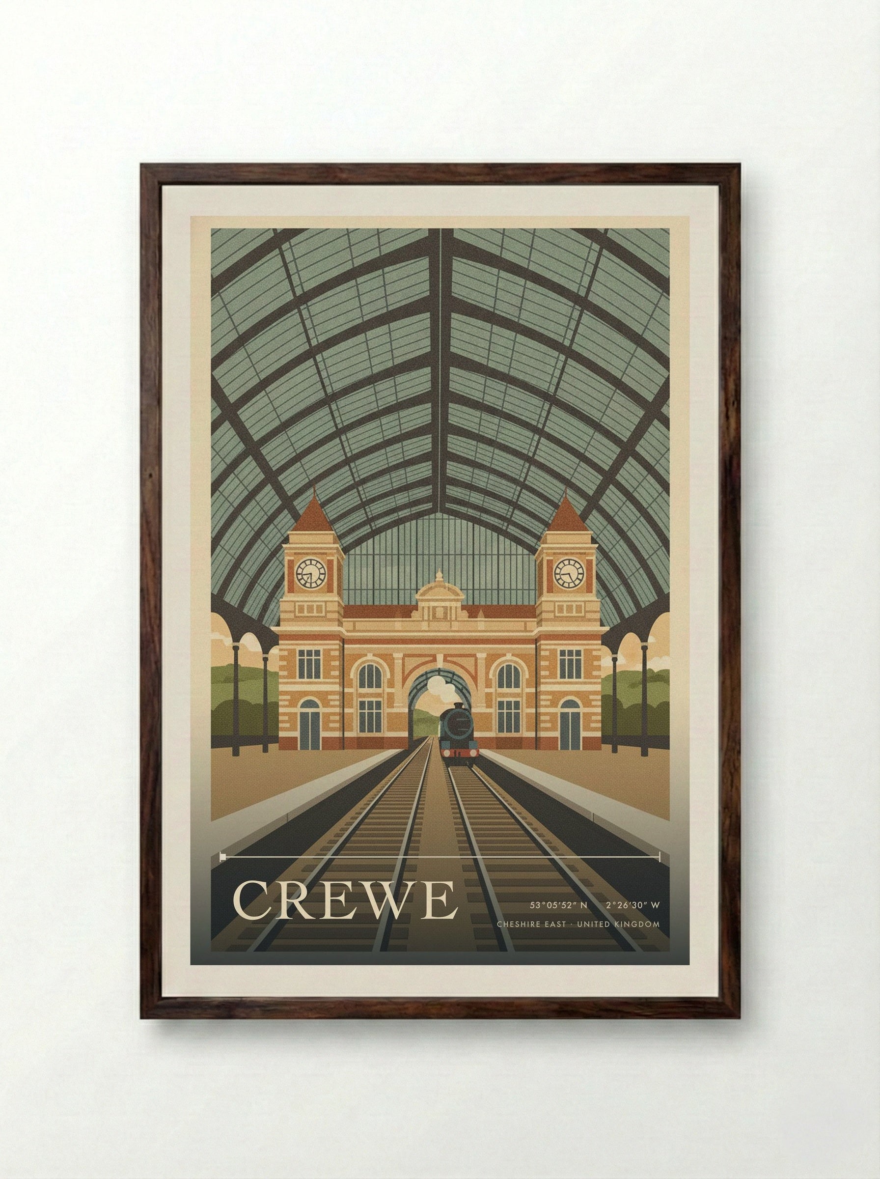 Crewe Cheshire East United Kingdom Travel Poster - Framed Print Dark Wood