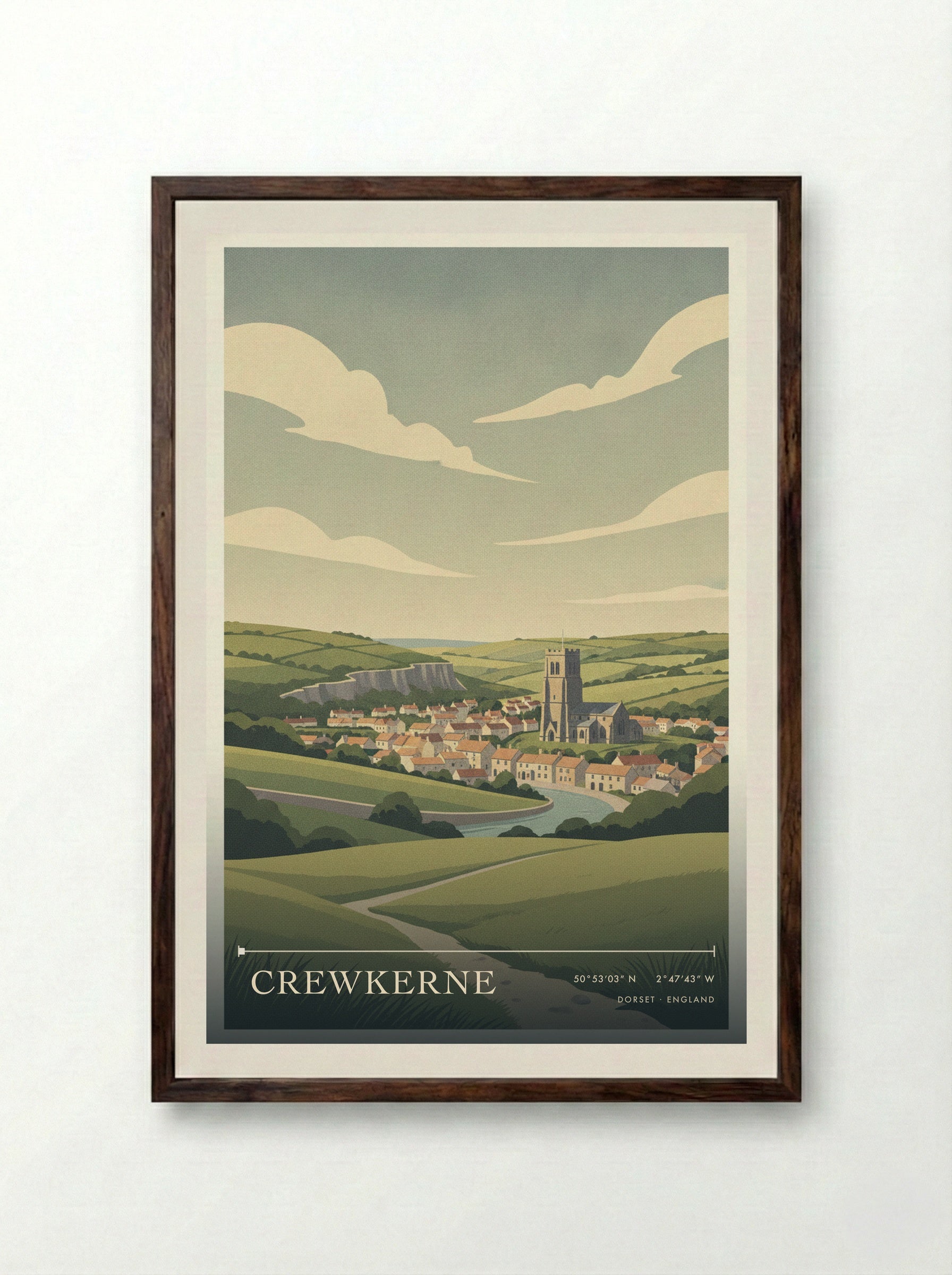Crewkerne Dorset England Travel Poster - Framed Print Dark Wood