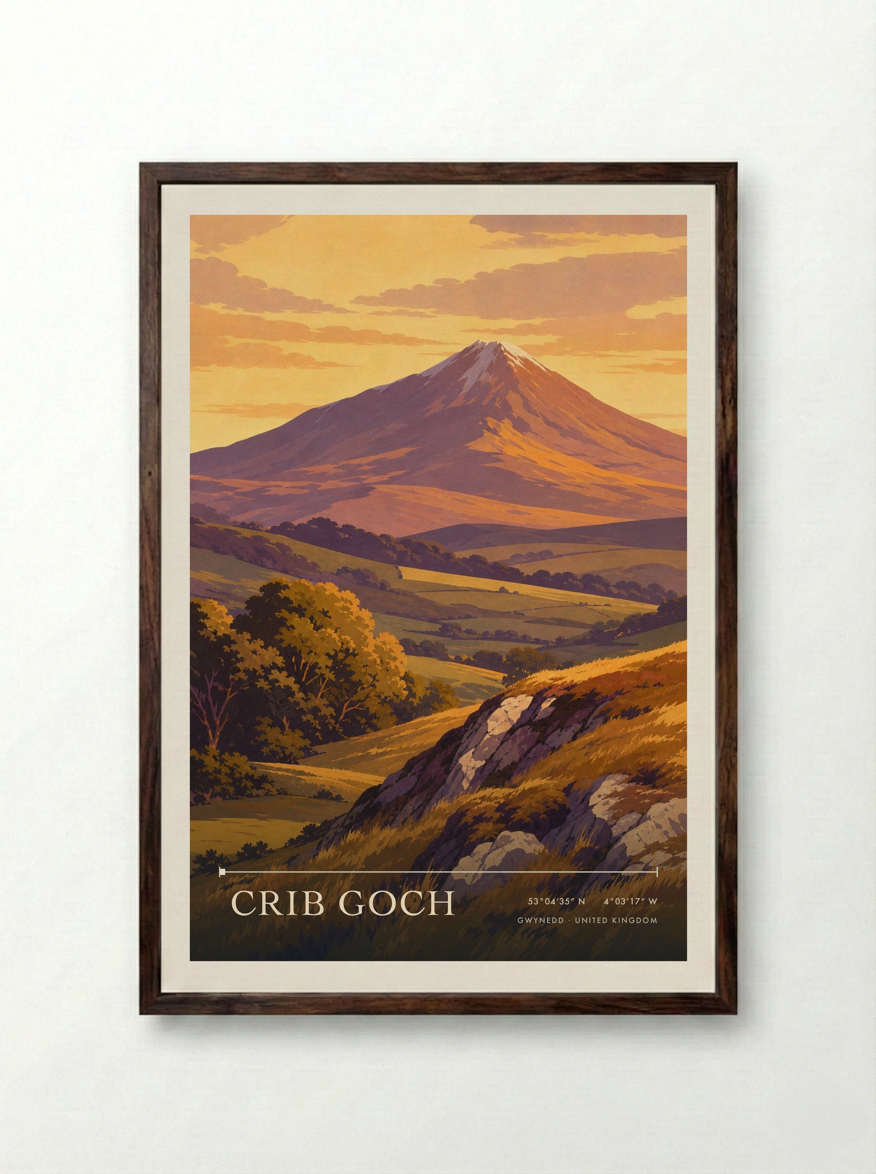 Crib Goch Gwynedd United Kingdom Travel Poster - Framed Print Dark Wood