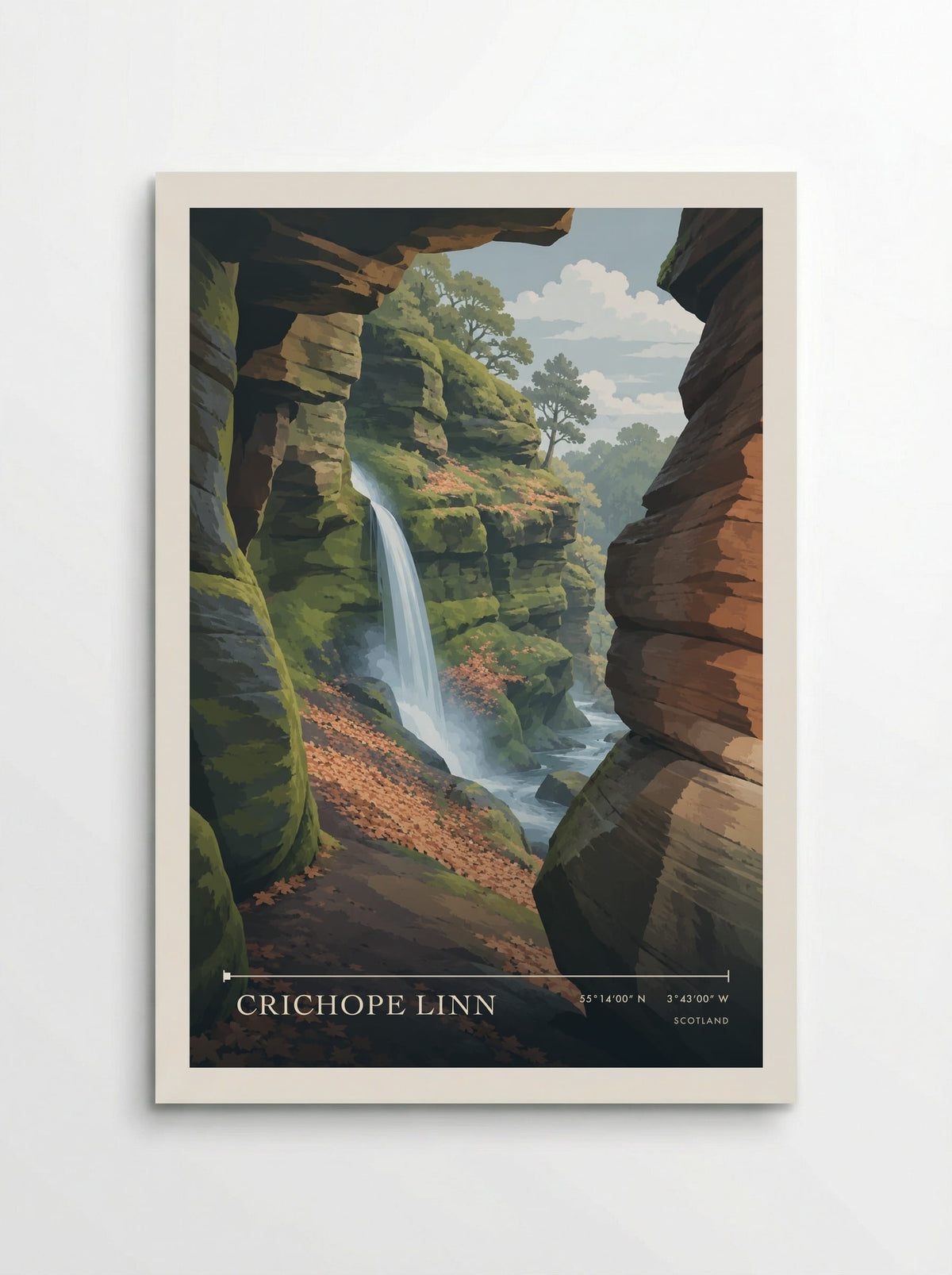 Crichope Linn travel poster: a high waterfall framed by a sandstone arch, moss-covered ledges and leaf-strewn ground beside the stream