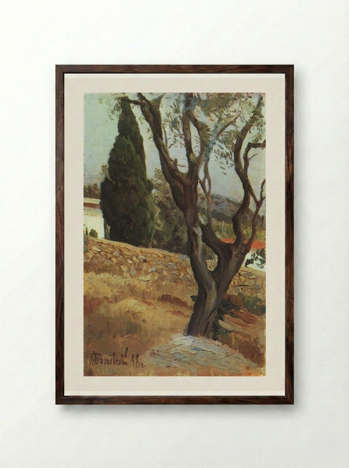 Crimean View with Olive Tree - Konstantin Bogaevsky - Framed Print Dark Wood