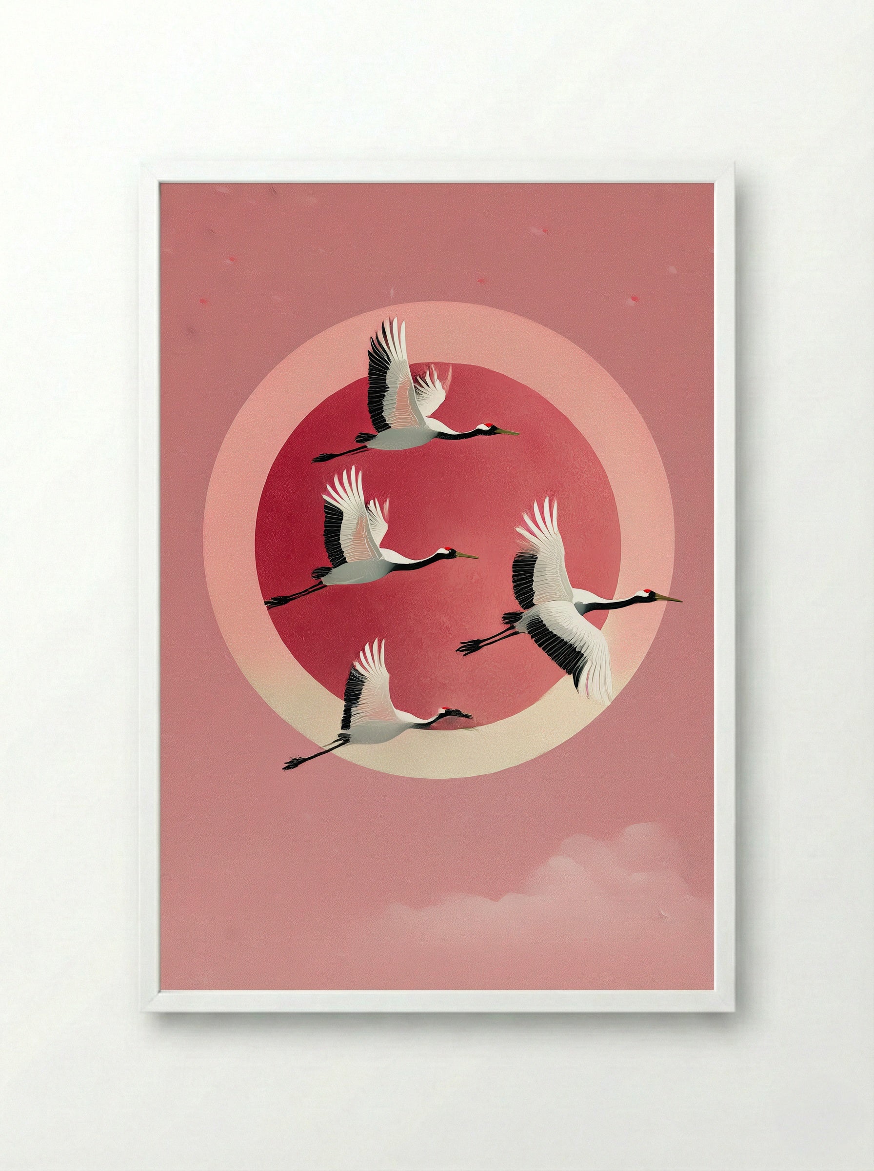 Crimson Flight Japanese Crane Poster Print - Framed Print White