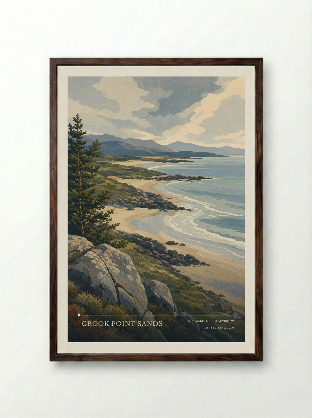 Crook Point Sands United Kingdom Travel Poster - Framed Print Dark Wood