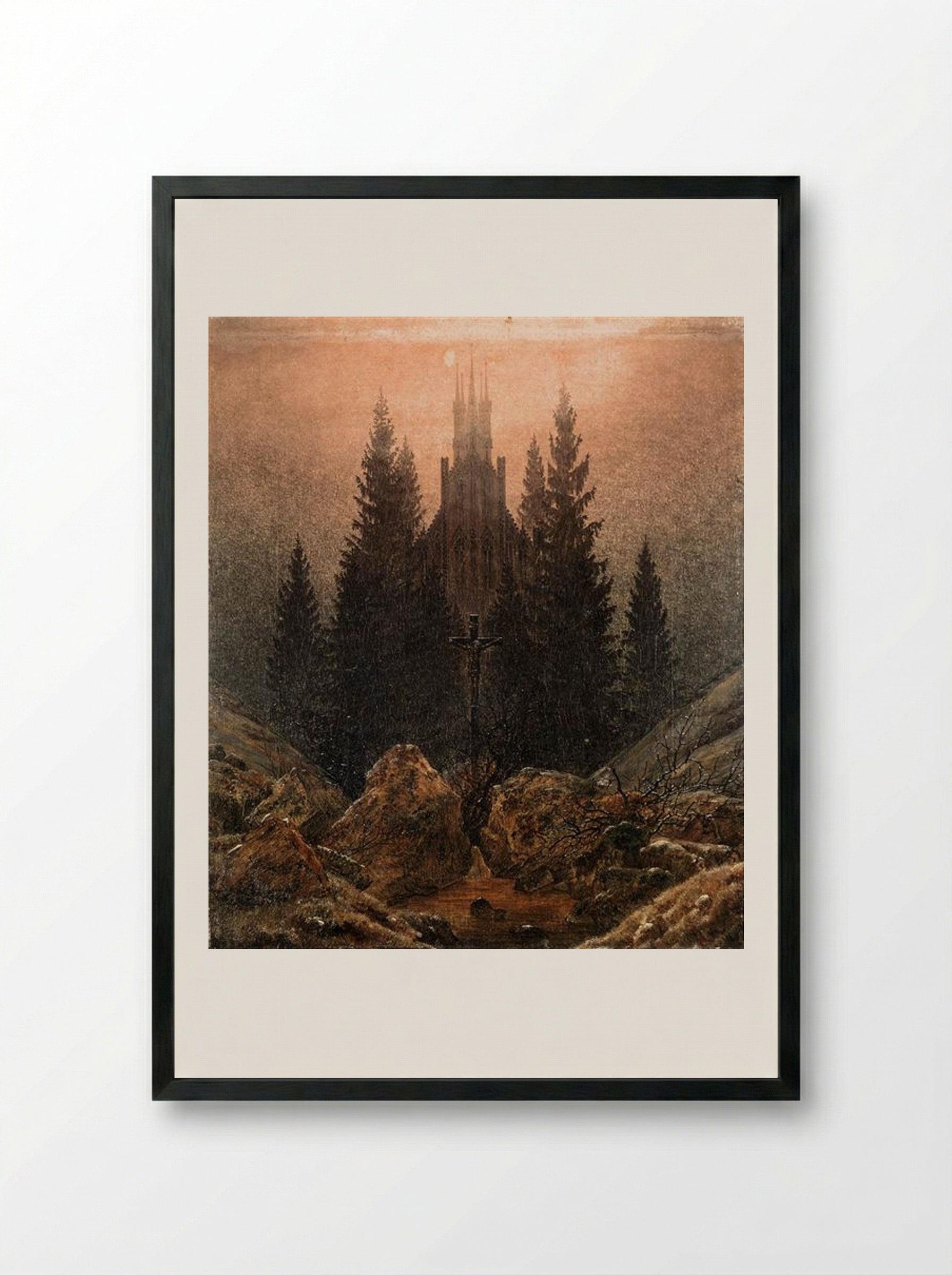 Cross and Church in the Mountains - Caspar David Friedrich - Framed Print Black
