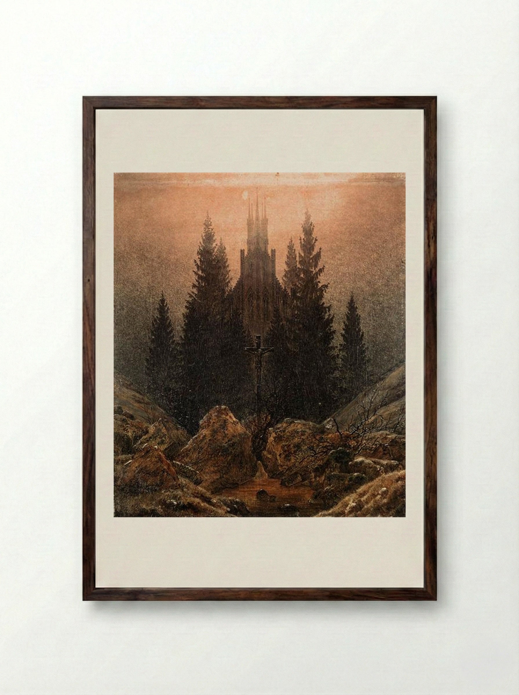 Cross and Church in the Mountains - Caspar David Friedrich - Framed Print Dark Wood