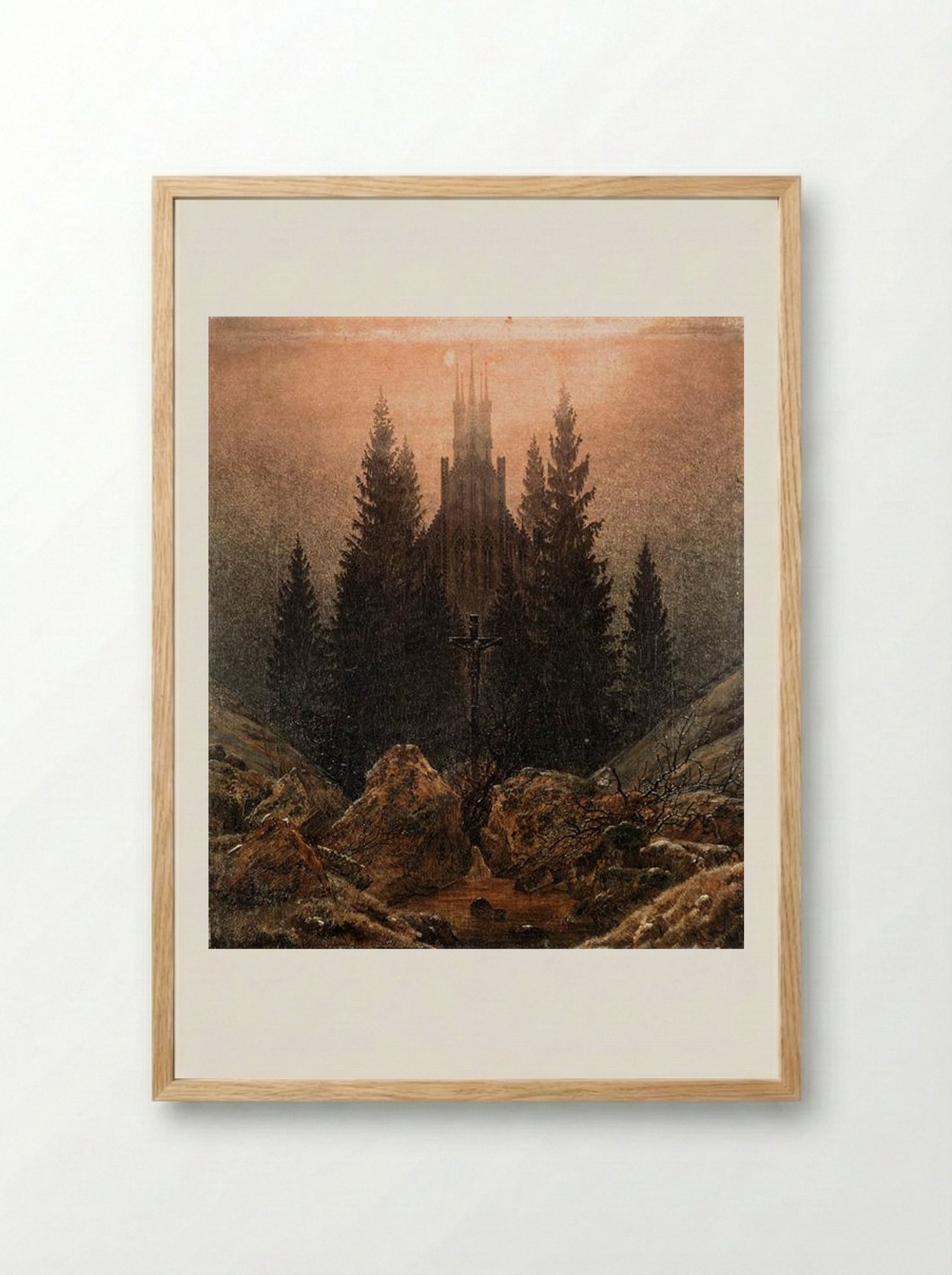 Cross and Church in the Mountains - Caspar David Friedrich - Framed Print Wood