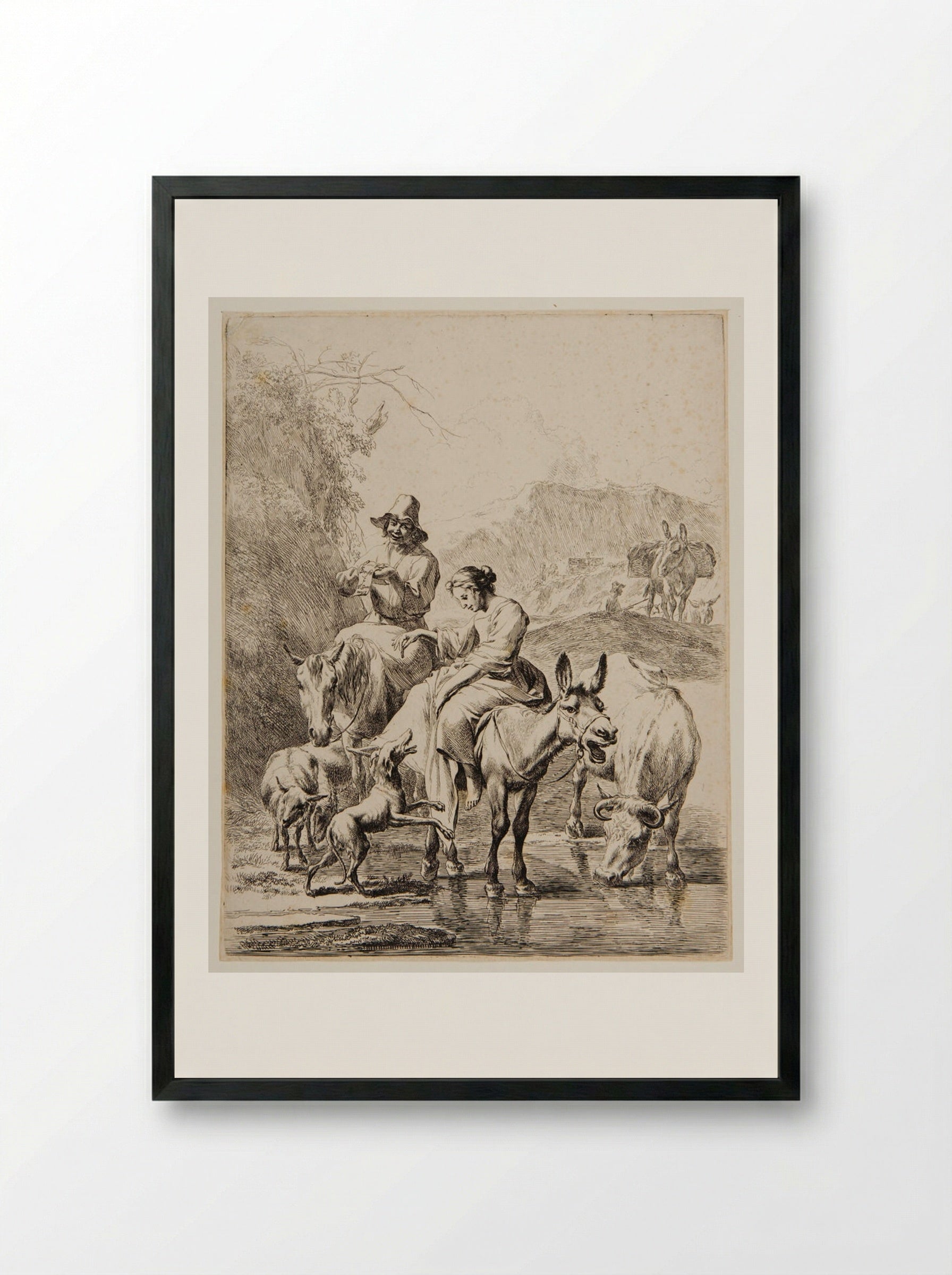 Crossing the Brook - Nicolaes Berchem the Elder - Framed Print Black