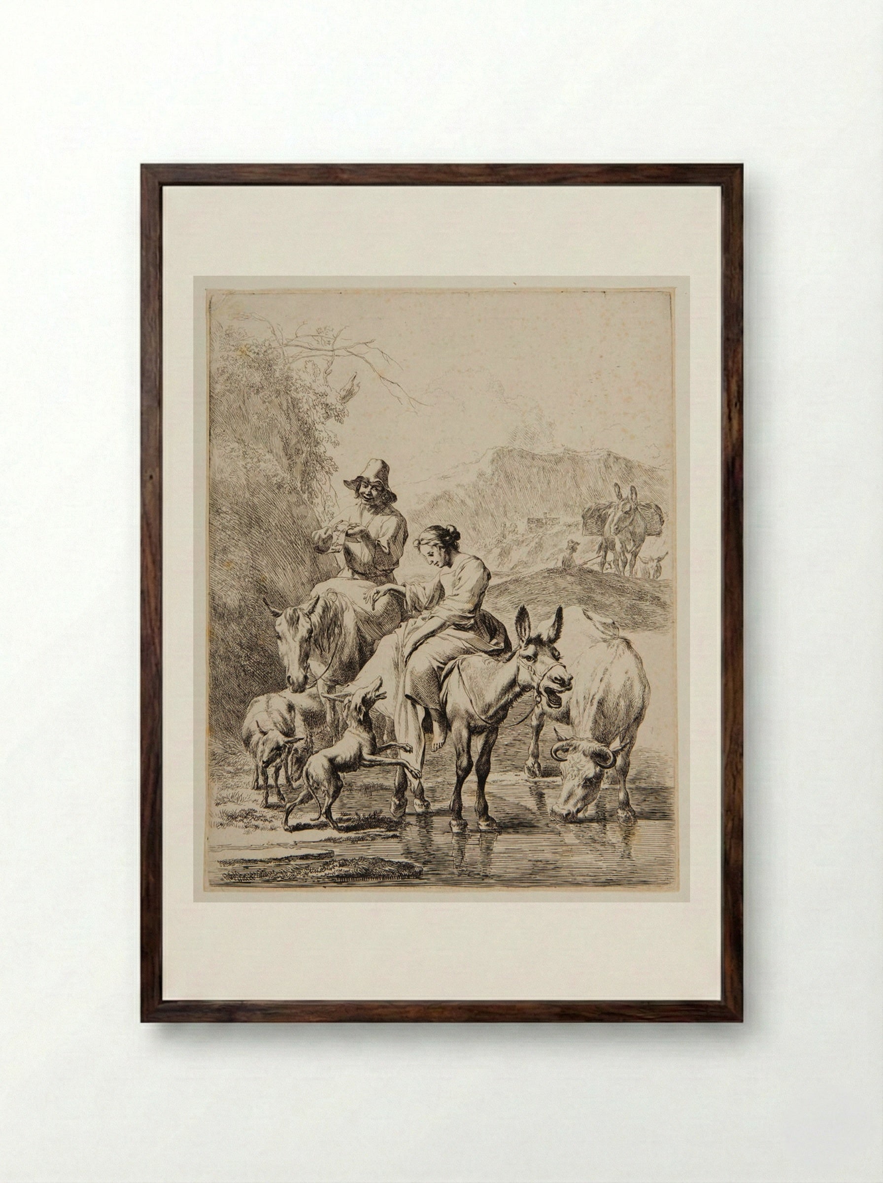 Crossing the Brook - Nicolaes Berchem the Elder - Framed Print Dark Wood