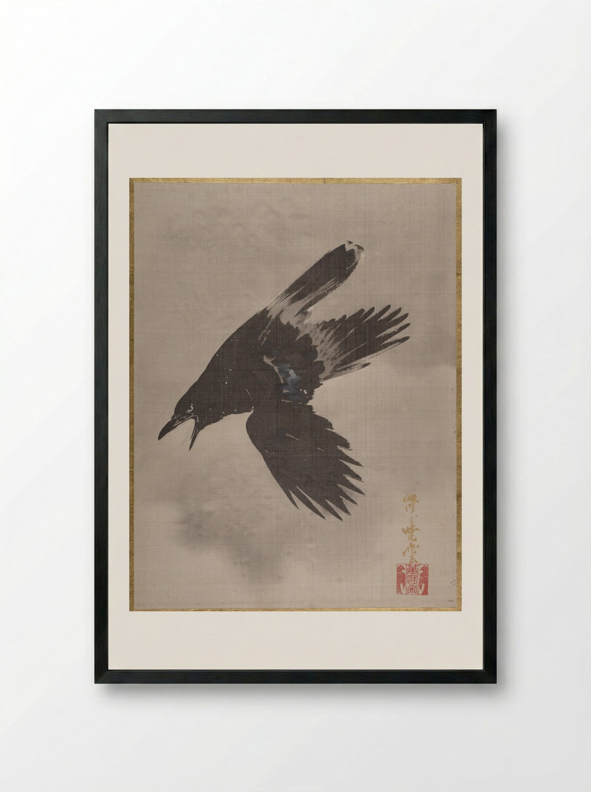 Crow Flying in the Snow - Kawanabe Kyōsai - Framed Print Black