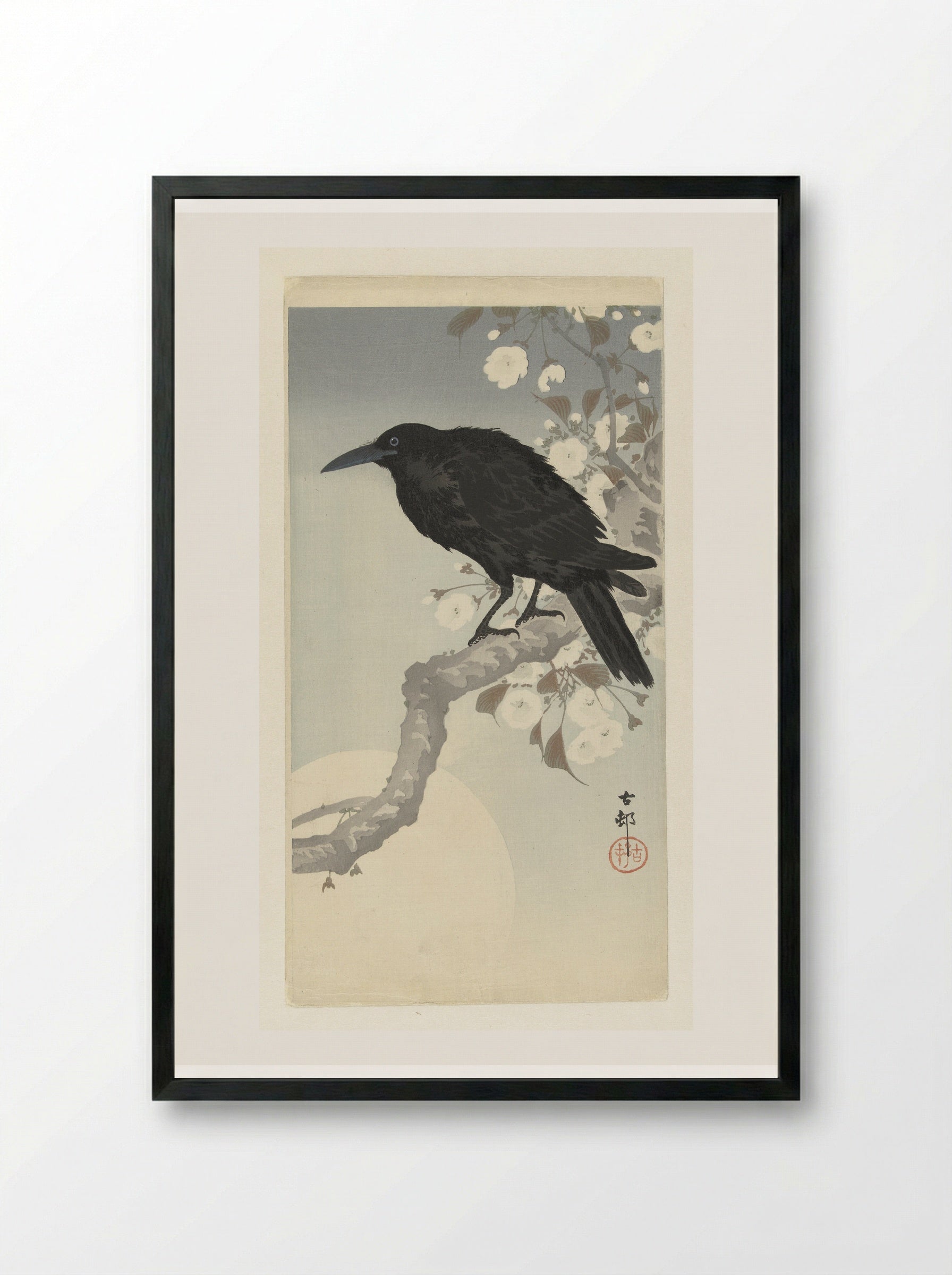 Crow and Cherry Blossoms under a Full Moon - Matsuki Heikichi - Framed Print Black