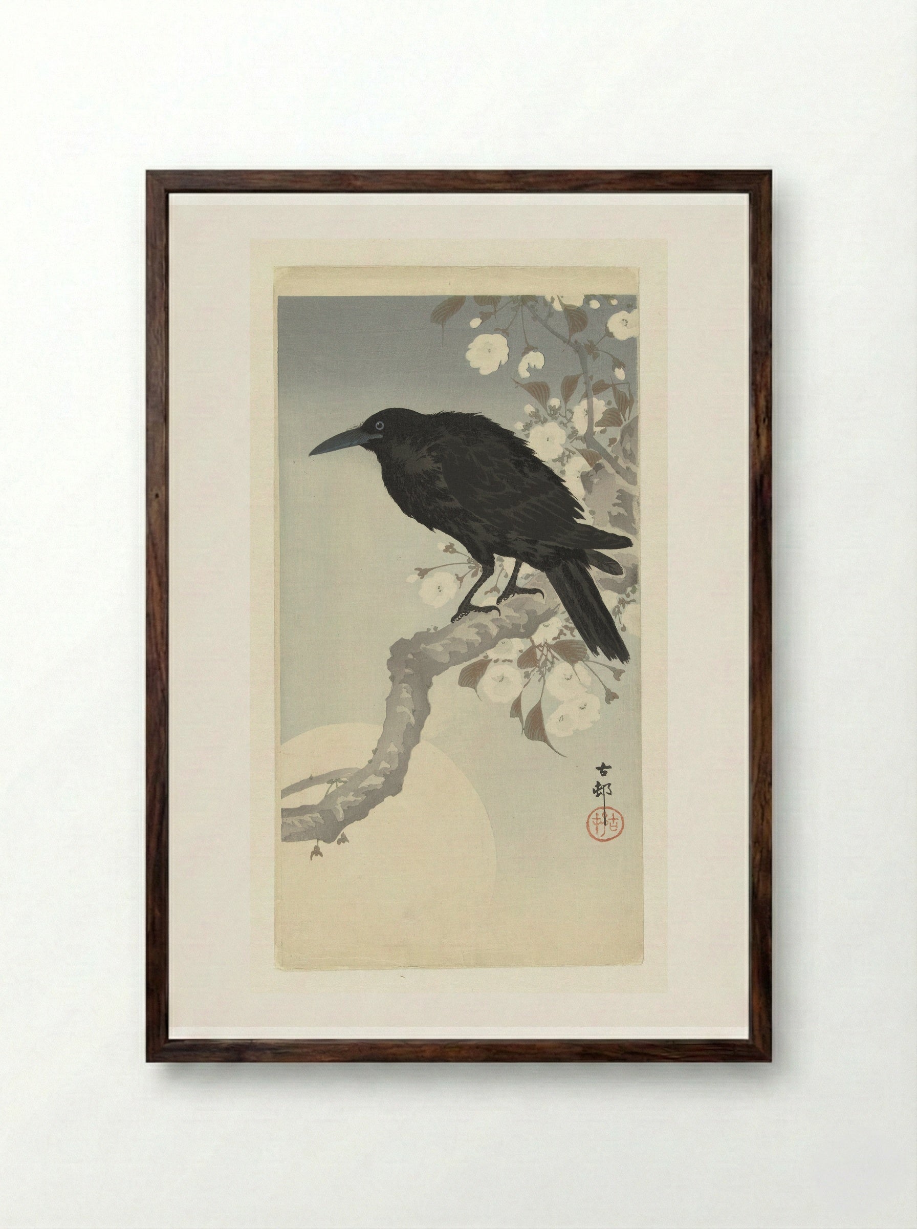 Crow and Cherry Blossoms under a Full Moon - Matsuki Heikichi - Framed Print Dark Wood