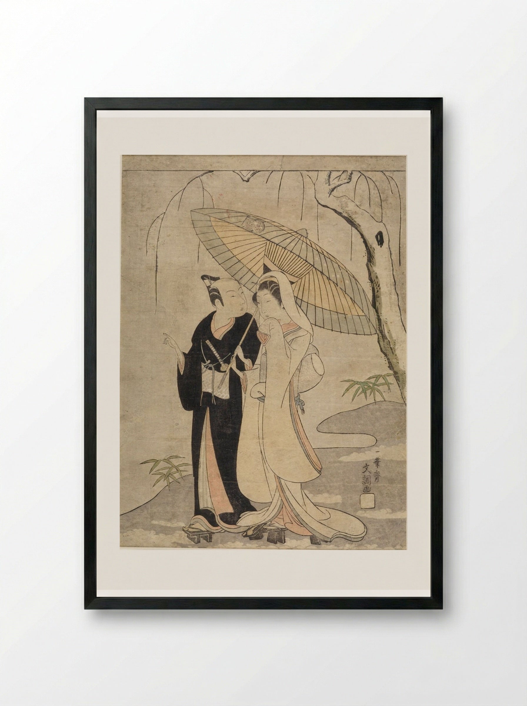 Crow and Heron: Actors Ichikawa Yaozo II and Segawa Kikunojo II as Two Young Lovers - Ippitsusai Bunchō - Framed Print Black