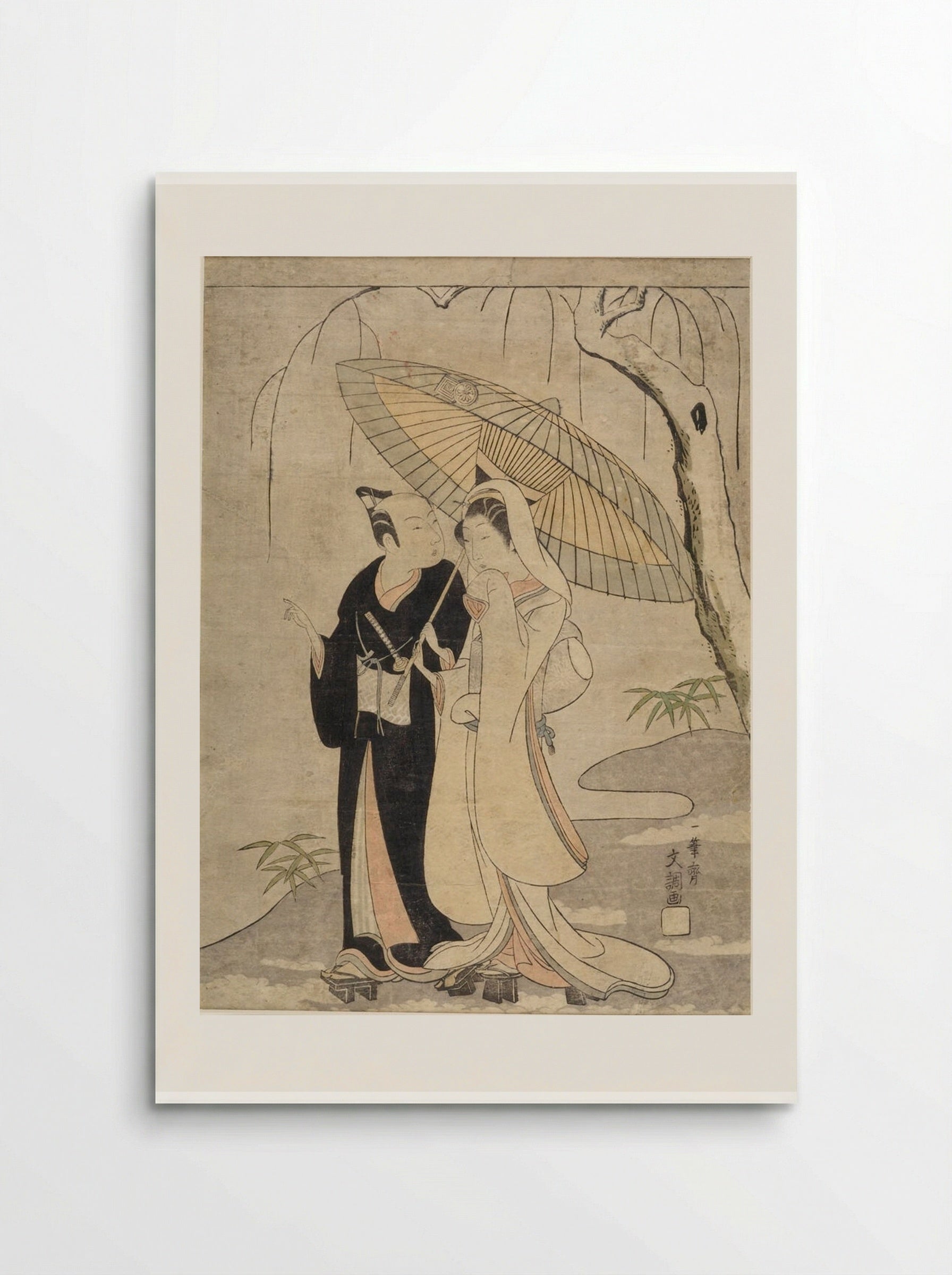 Crow and Heron: Actors Ichikawa Yaozo II and Segawa Kikunojo II as Two Young Lovers - Ippitsusai Bunchō - Poster