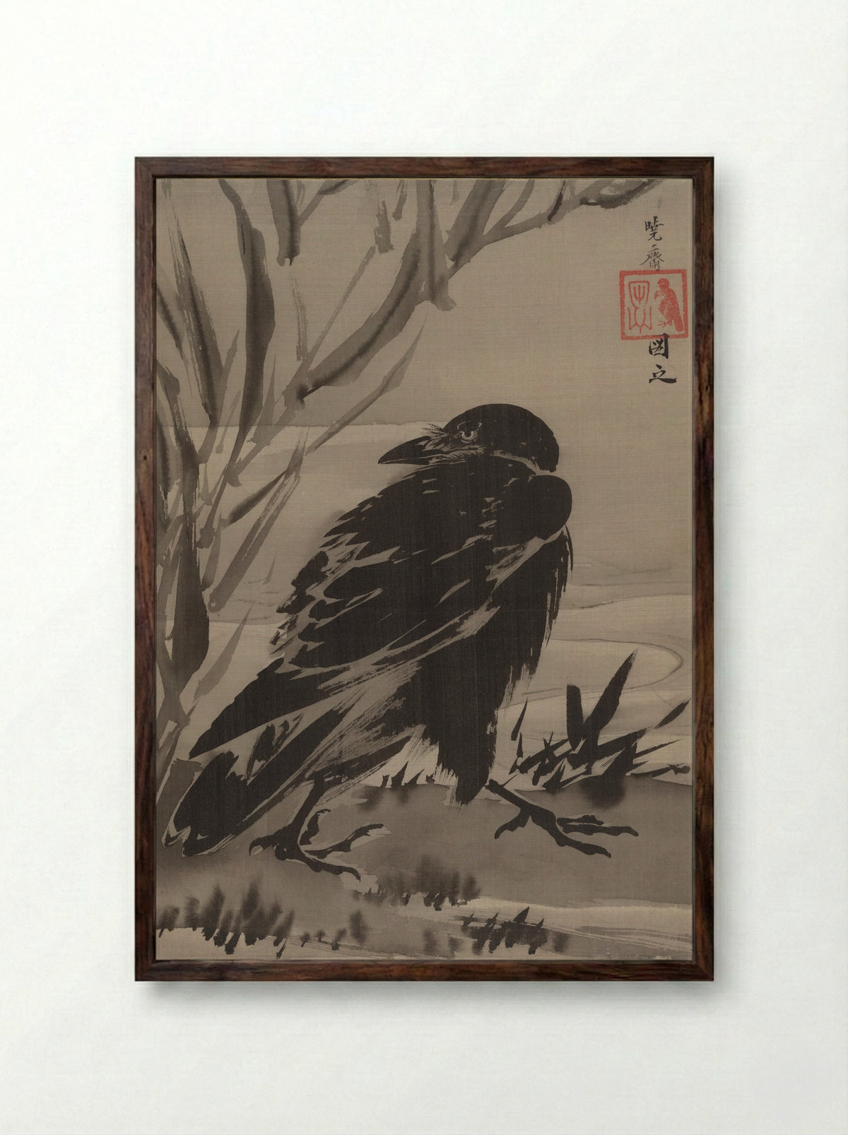 Crow and Reeds by a Stream - Kawanabe Kyōsai - Framed Print Dark Wood