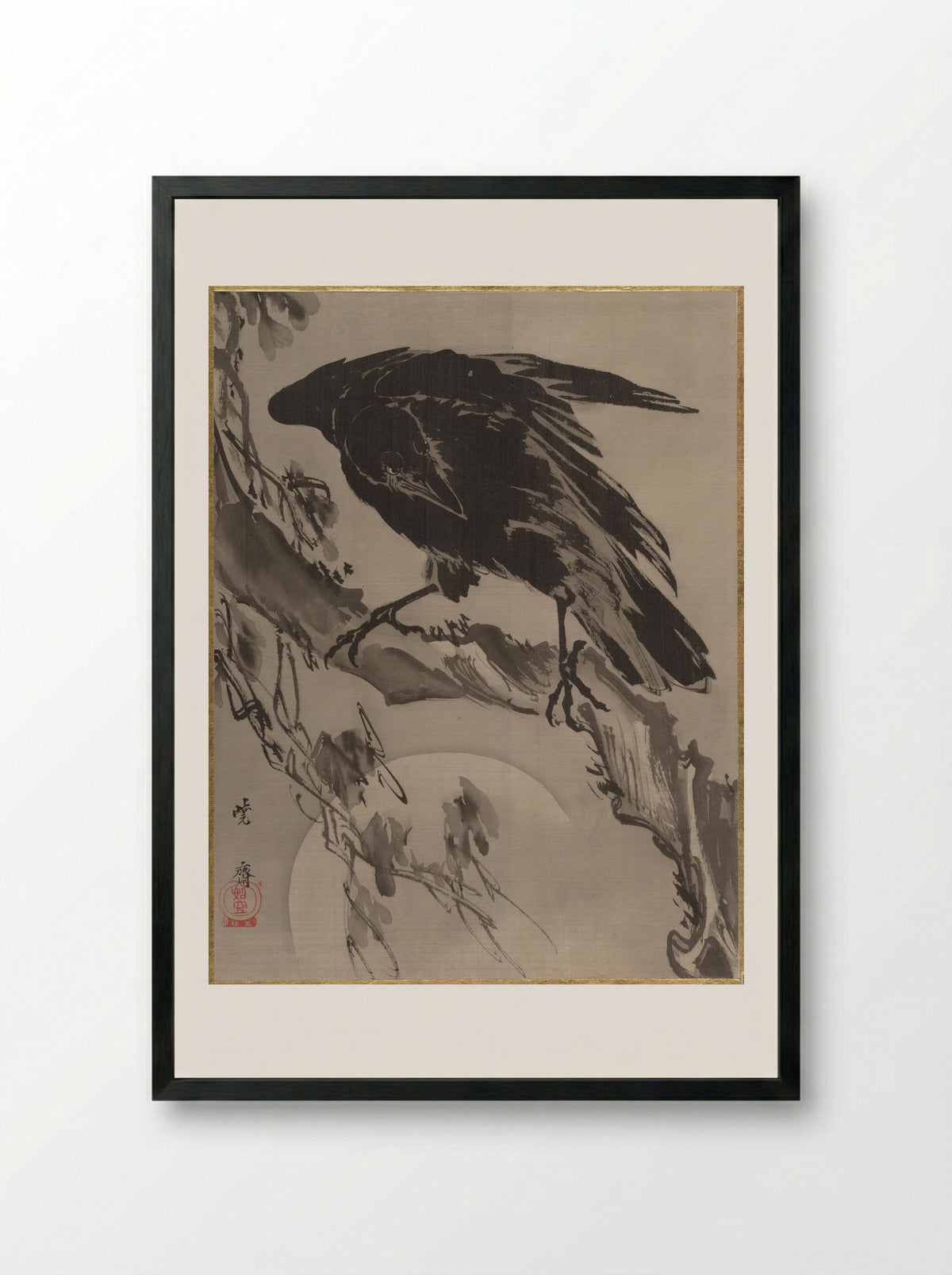 Crow and the Moon - Kawanabe Kyōsai - Framed Print Black