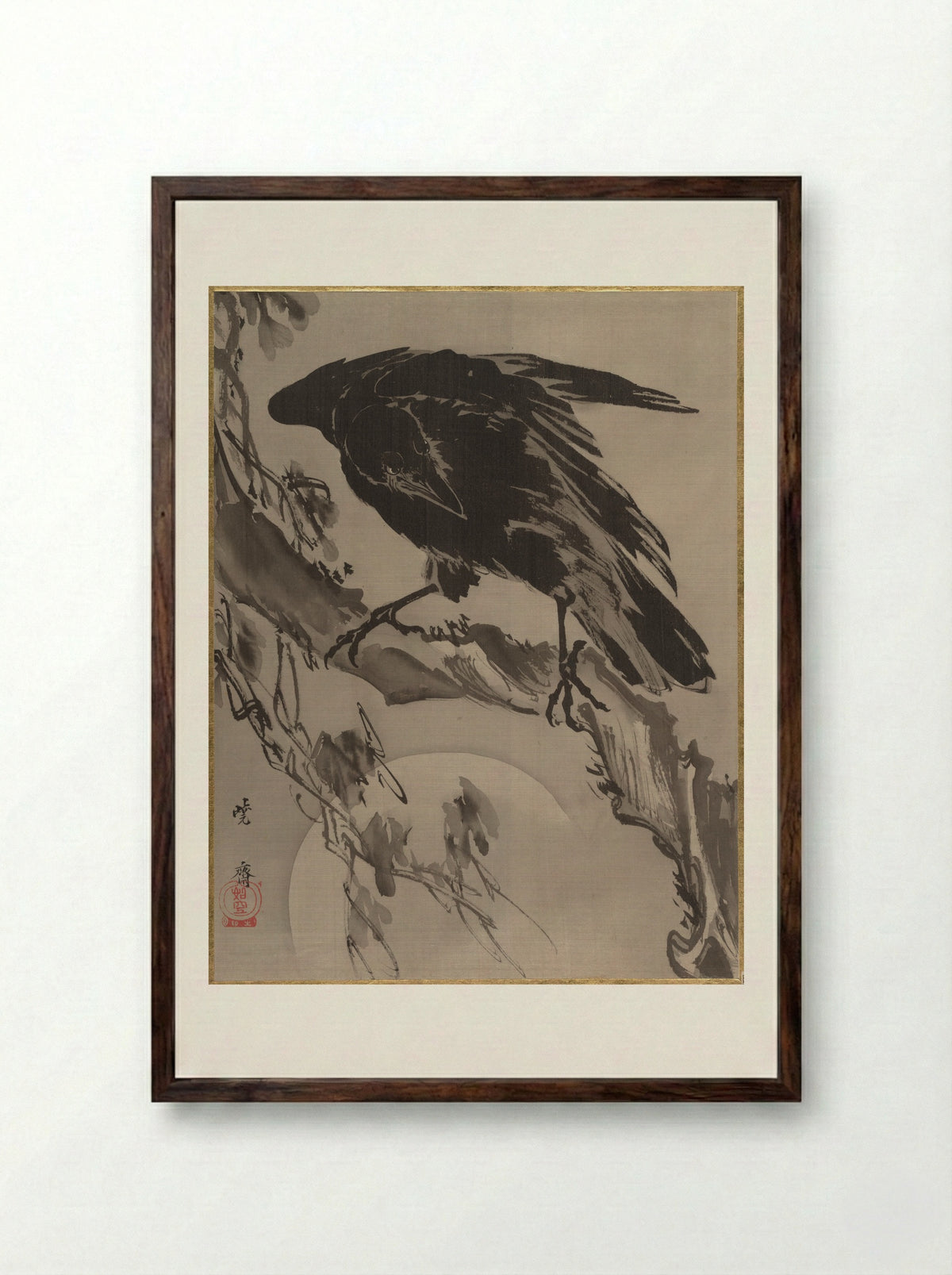 Crow and the Moon - Kawanabe Kyōsai - Framed Print Dark Wood