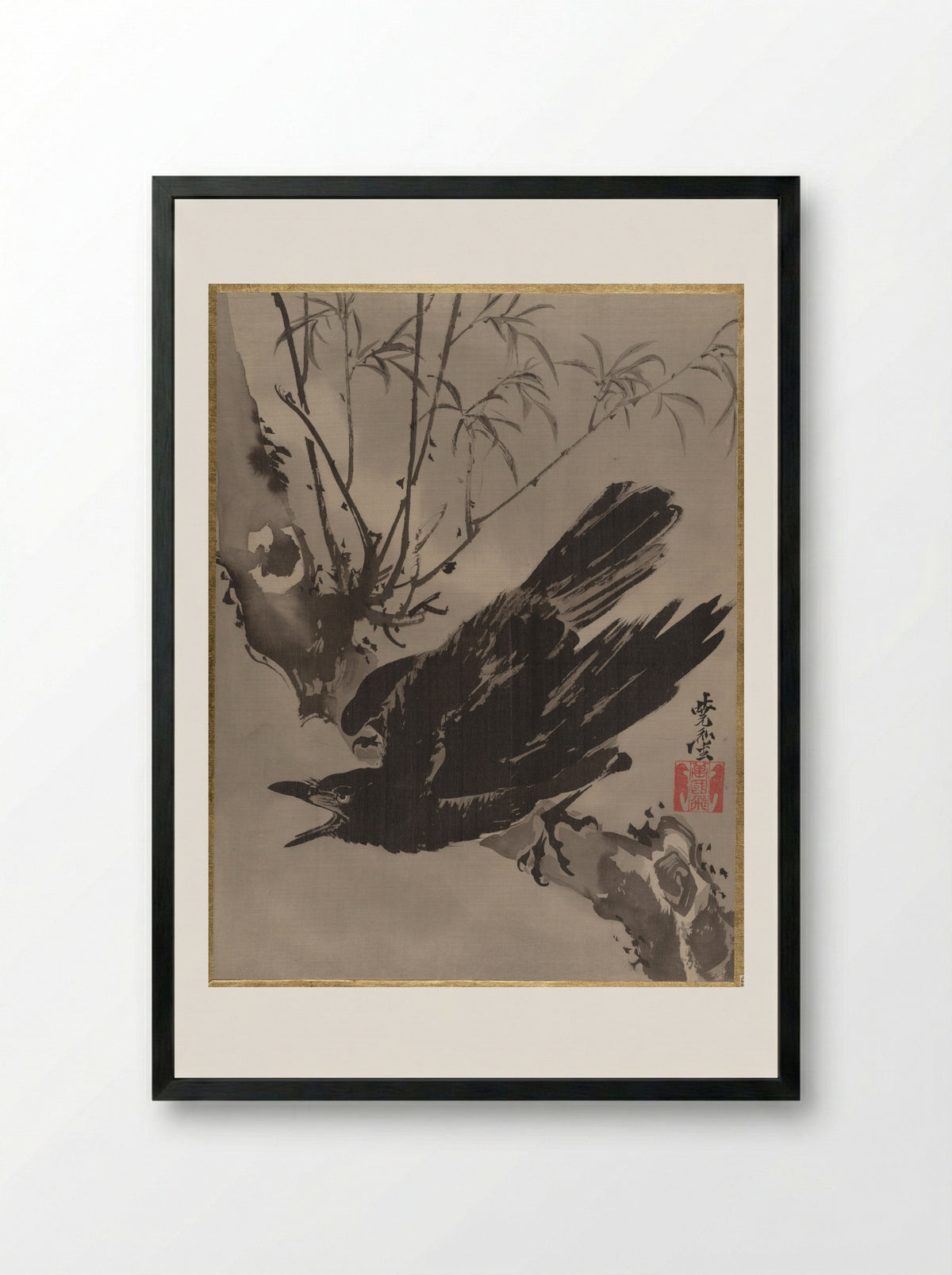 Crow on a Branch - Kawanabe Kyōsai - Framed Print Black