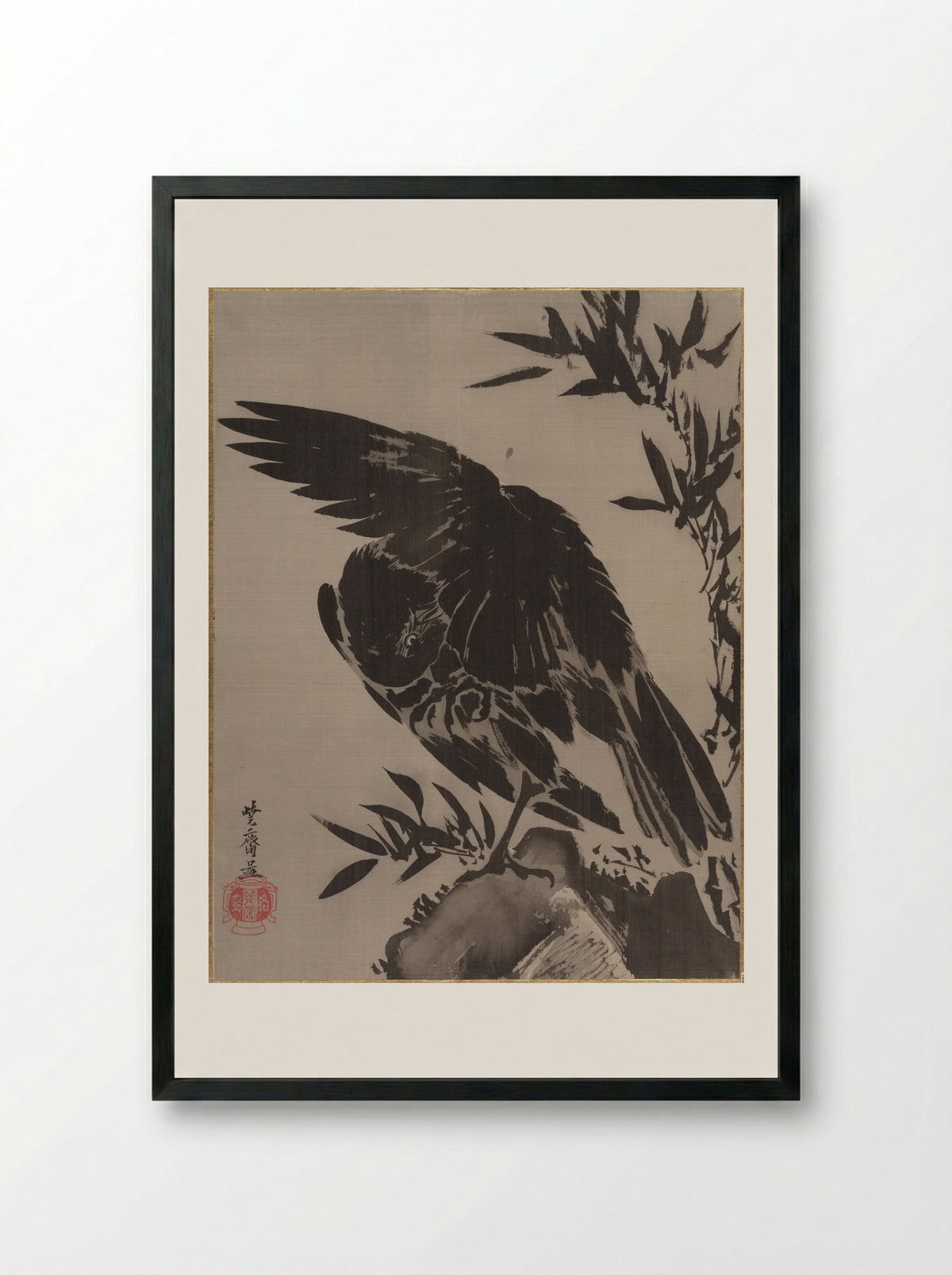 Crow on a Rock - Kawanabe Kyōsai - Framed Print Black