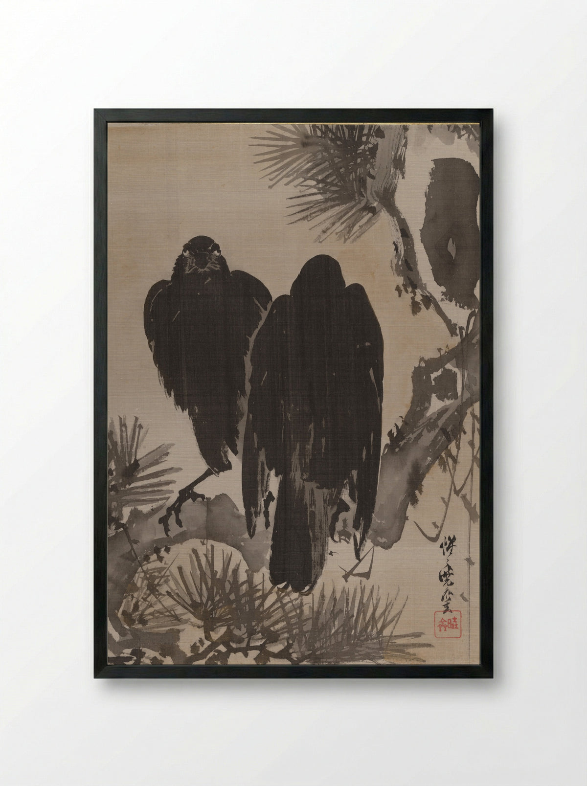 Crows on a Pine Branch - Kawanabe Kyôsai - Framed Print Black
