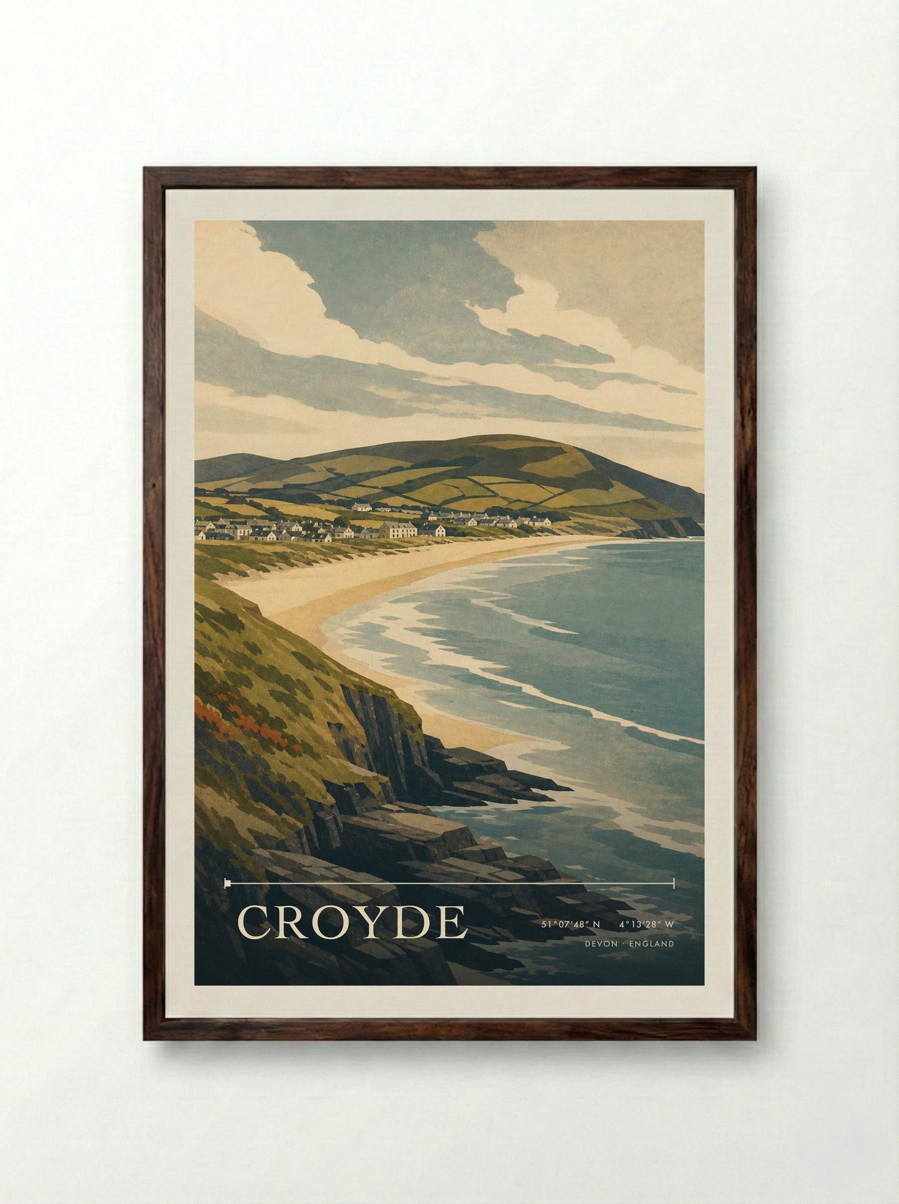 Croyde Devon England Travel Poster - Framed Print Dark Wood