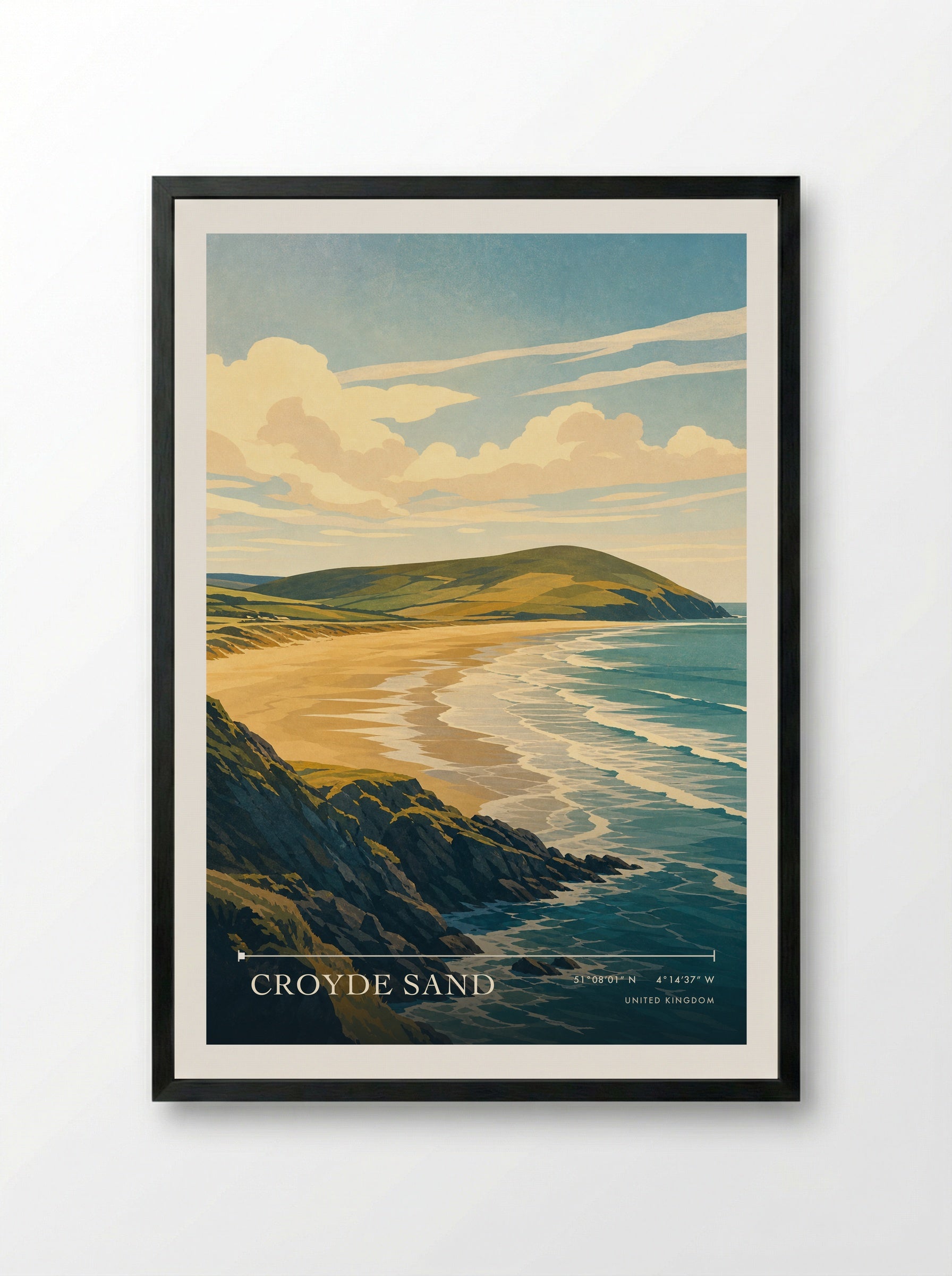 Croyde Sand United Kingdom Travel Poster - Framed Print Black