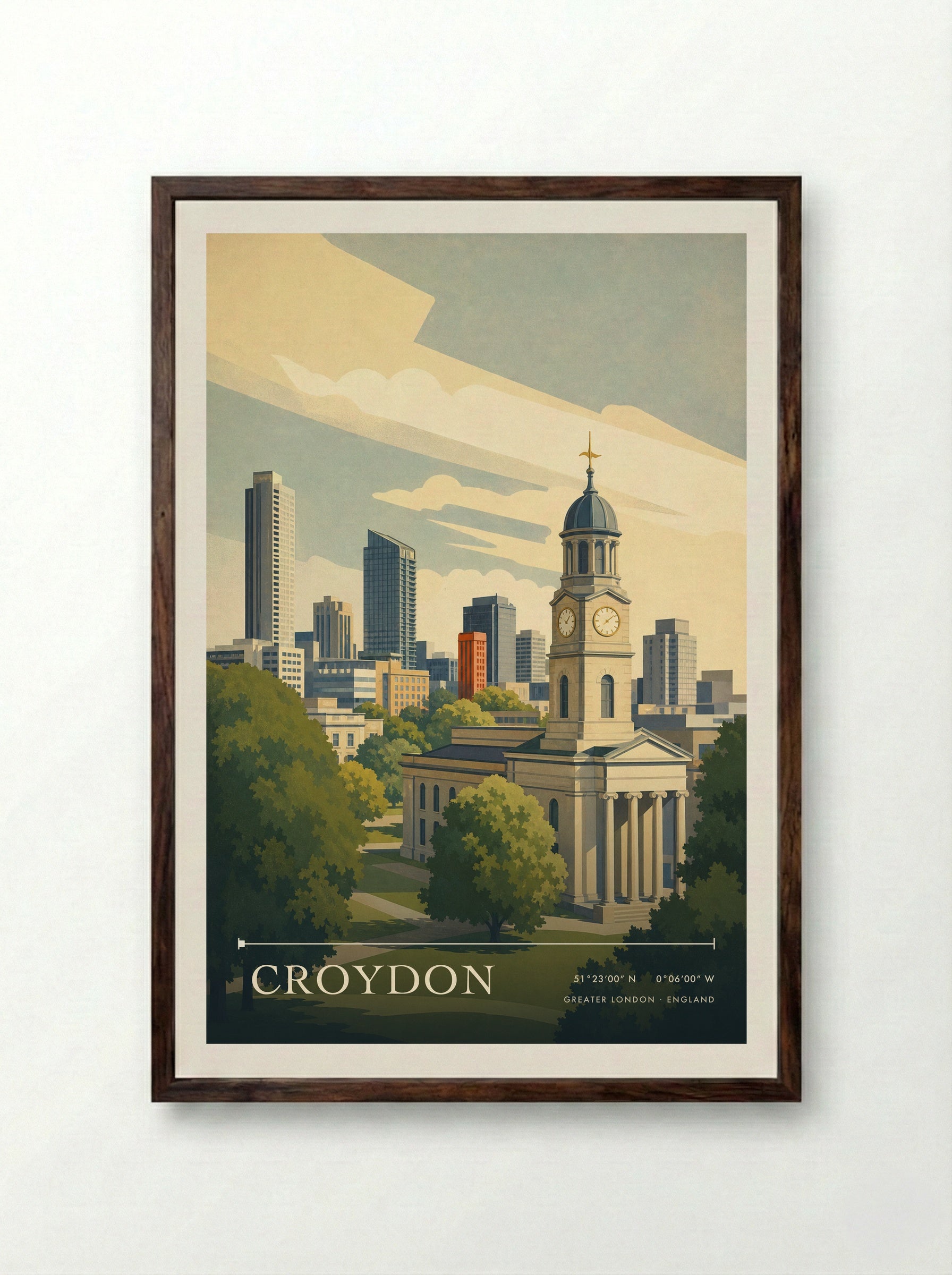 Croydon Greater London England Travel Poster - Framed Print Dark Wood