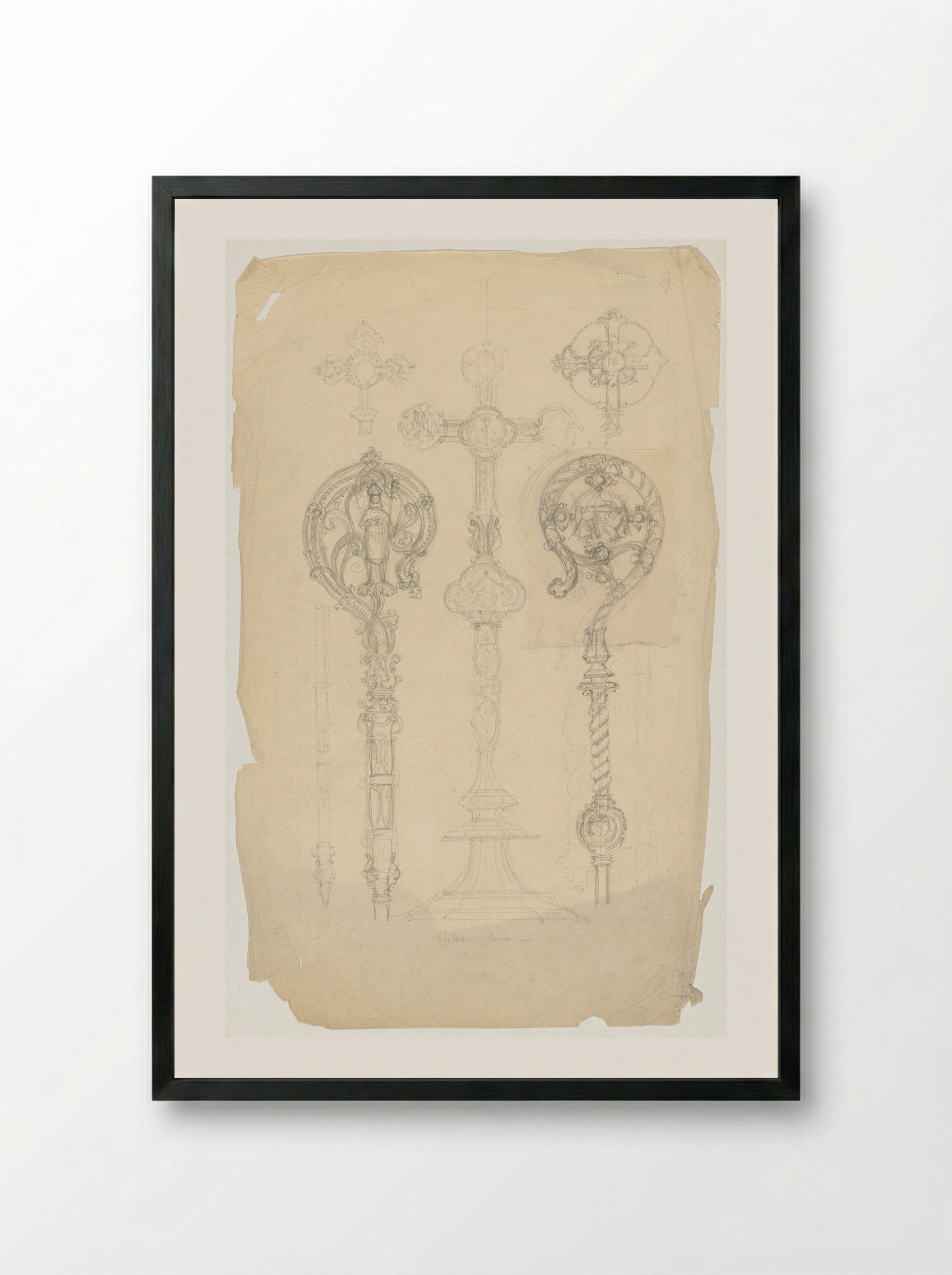Crucifix en twee bekroningen voor een staf - Firma Feuchère - Framed Print Black
