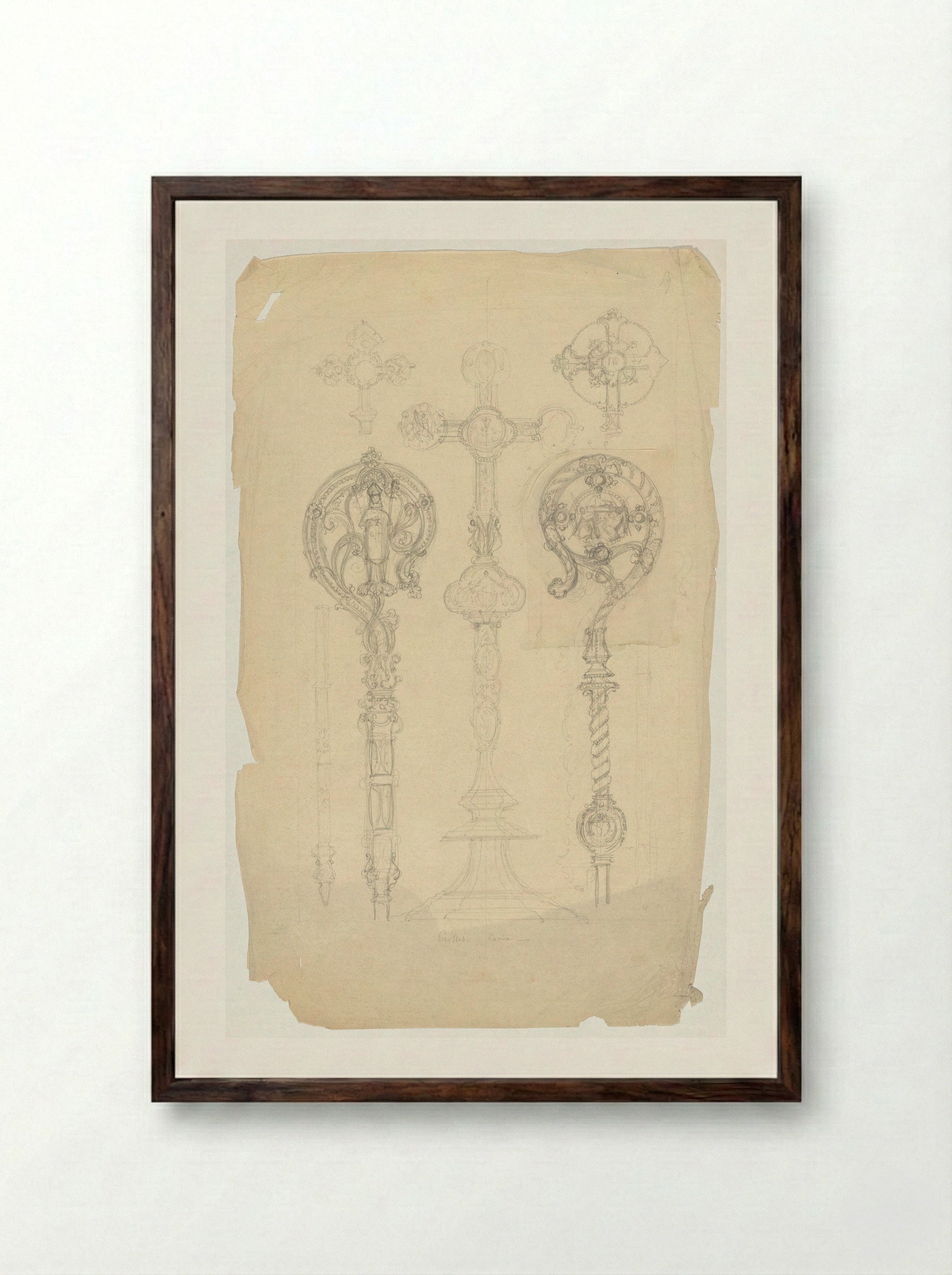 Crucifix en twee bekroningen voor een staf - Firma Feuchère - Framed Print Dark Wood