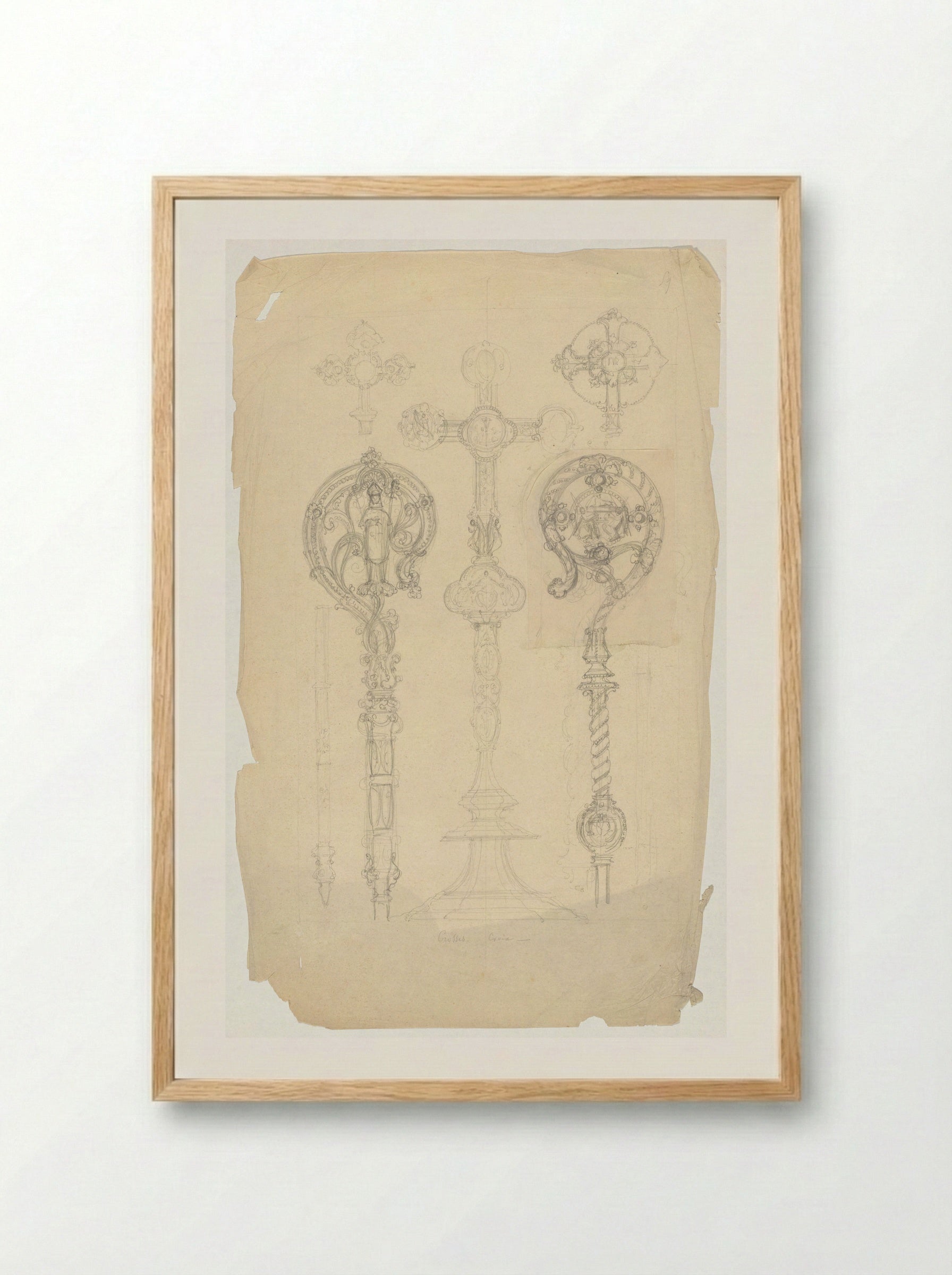 Crucifix en twee bekroningen voor een staf - Firma Feuchère - Framed Print Wood