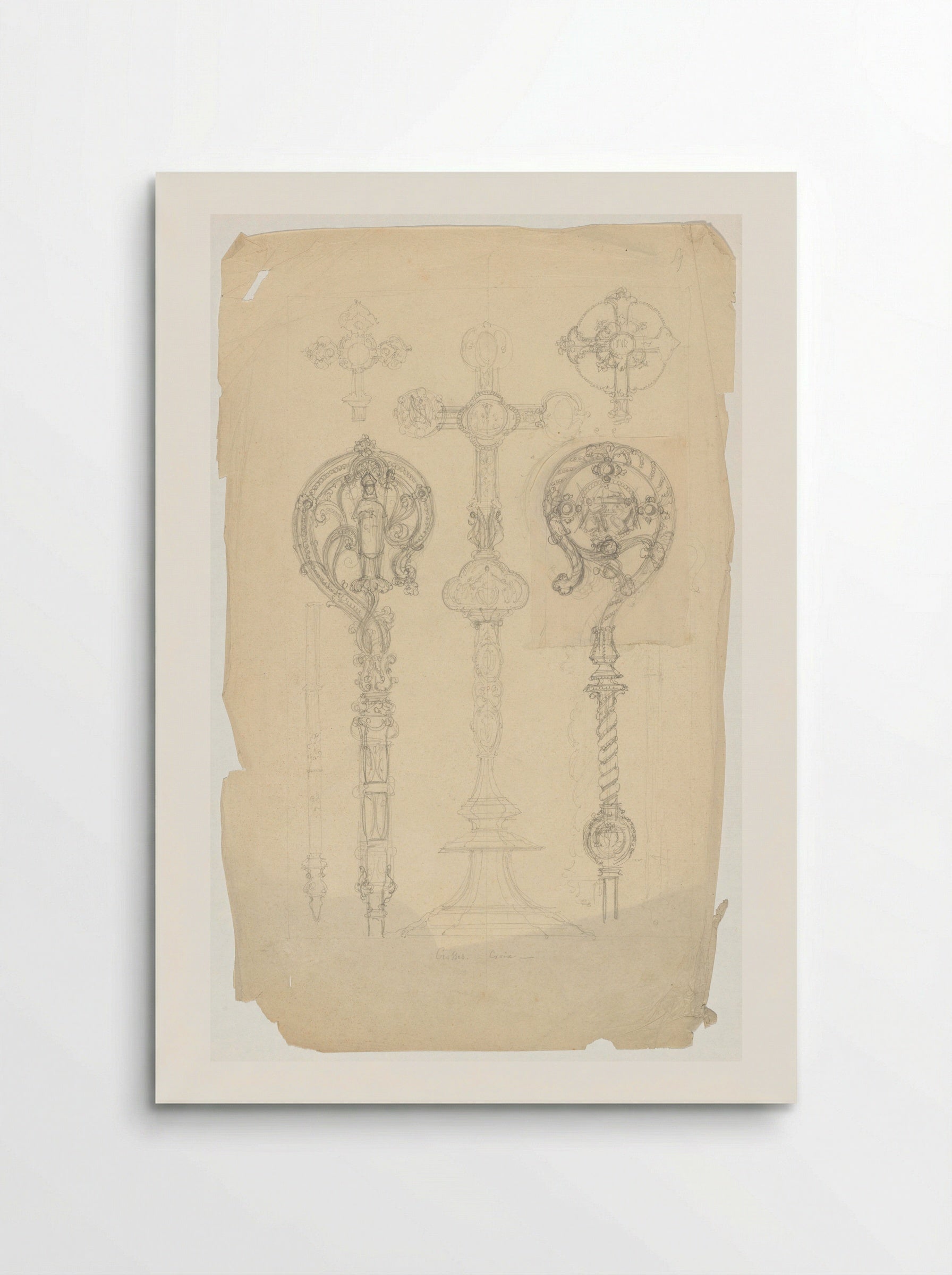 Crucifix en twee bekroningen voor een staf - Firma Feuchère - Poster